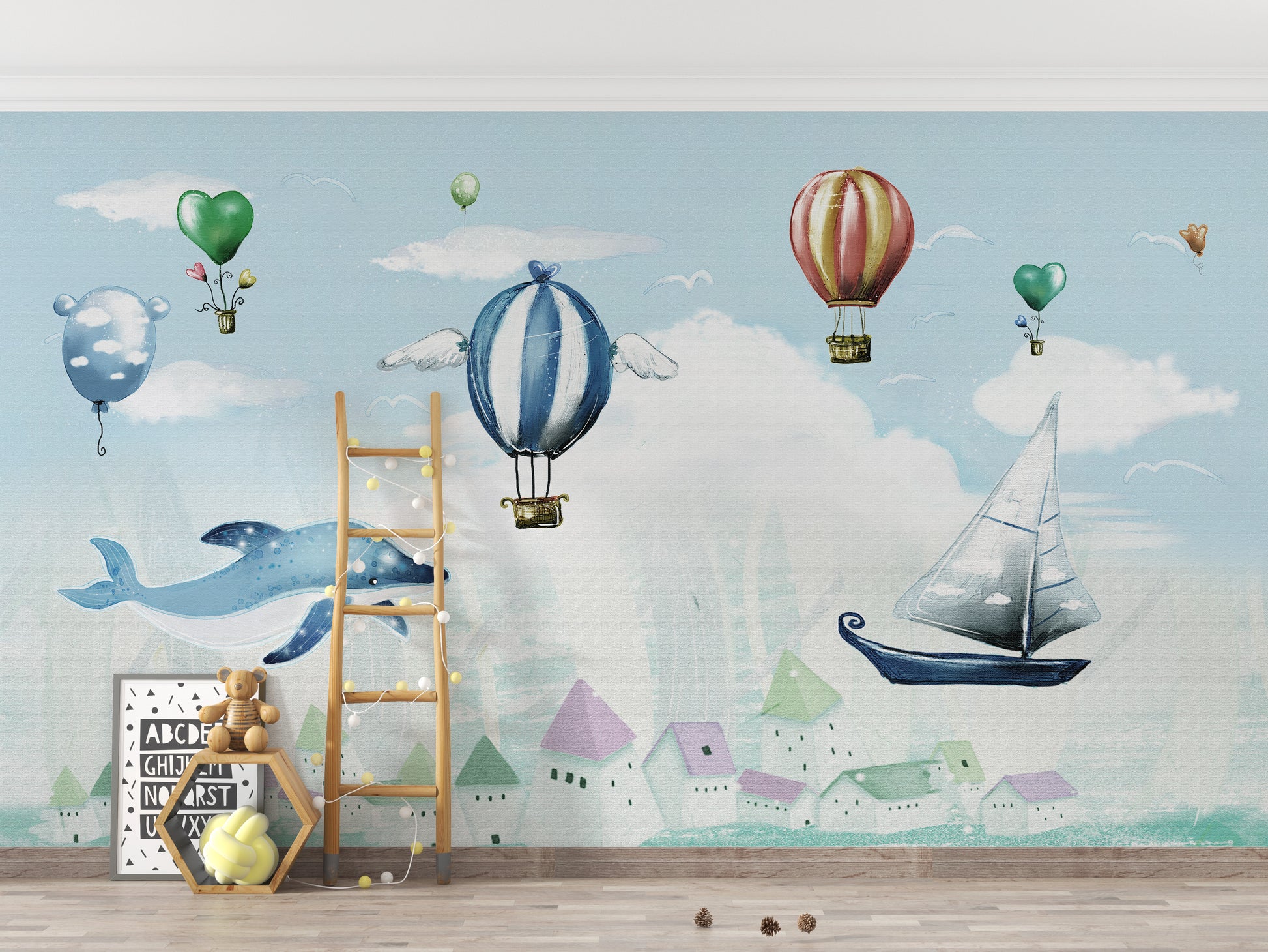 Sky-themed hot air balloon wallpaper mural
