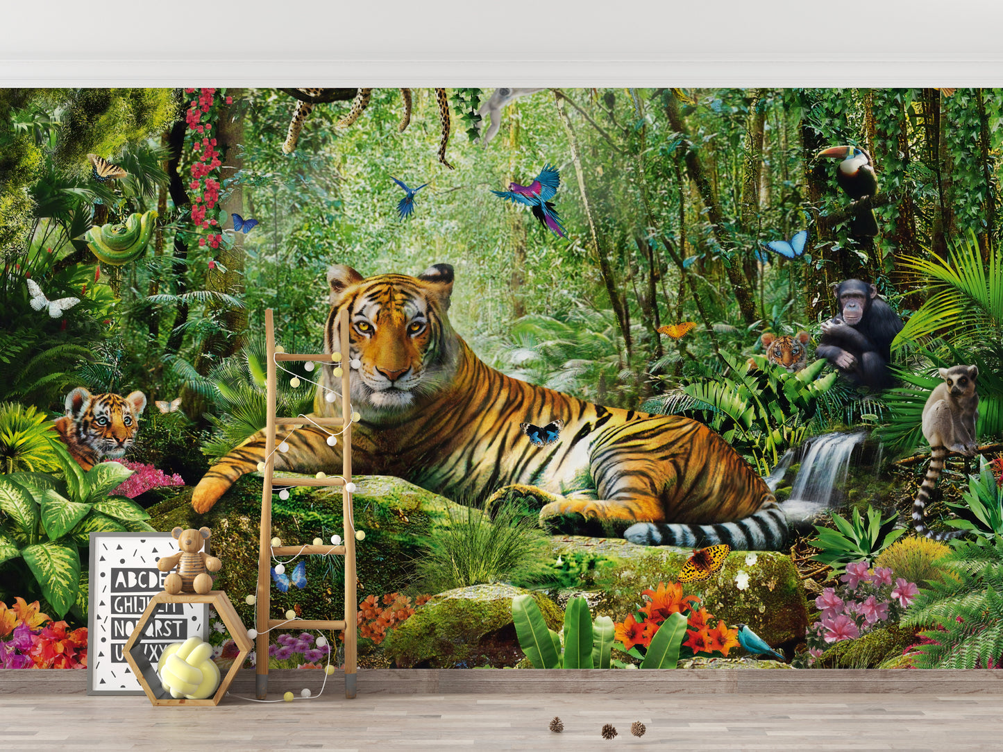 Royal safari-themed mural with tigers and plants
