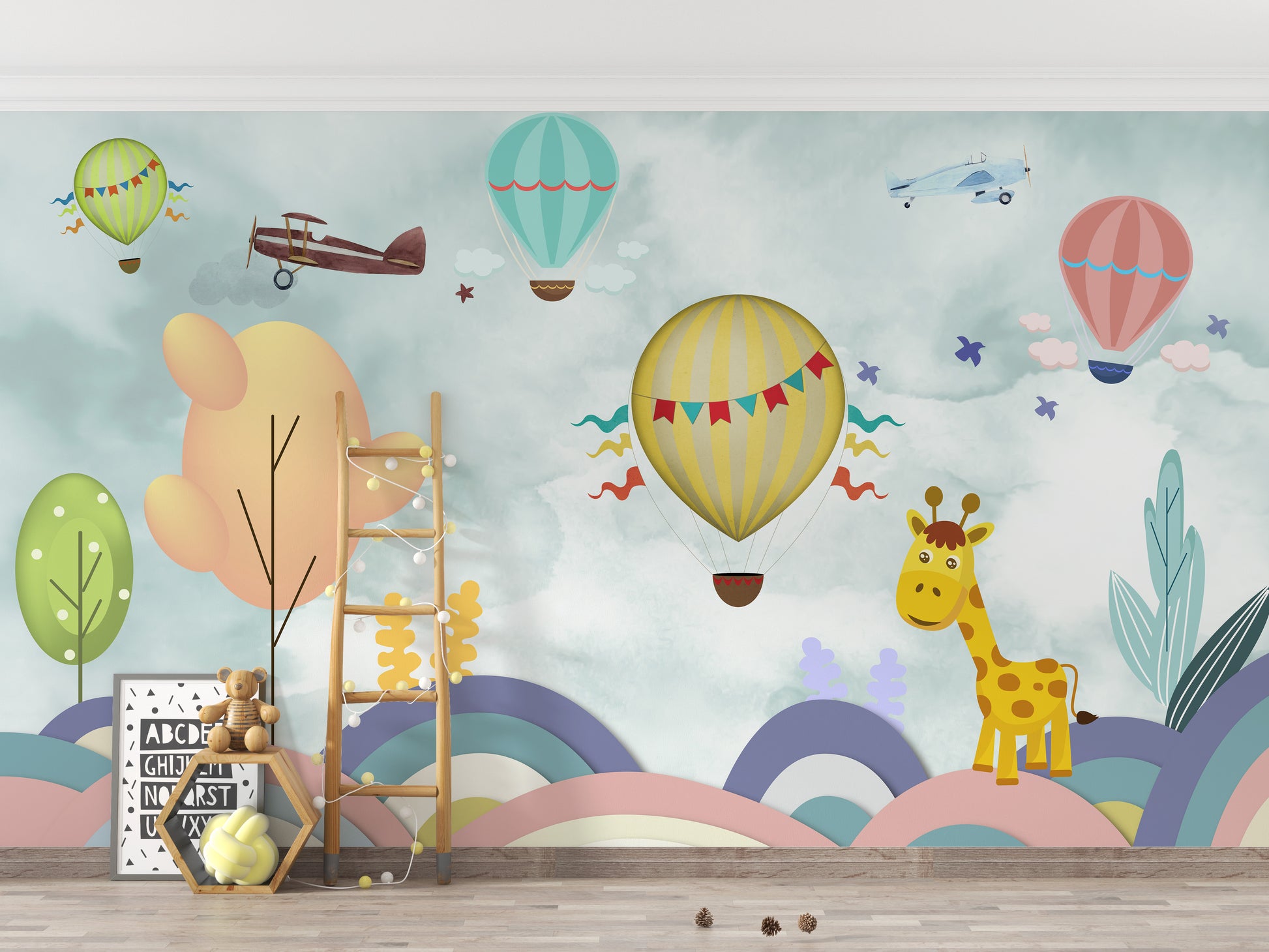 Multicolor wallpaper with balloons and planes.
