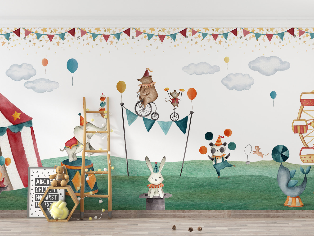 Circus mural featuring playful animals in vibrant colors.
