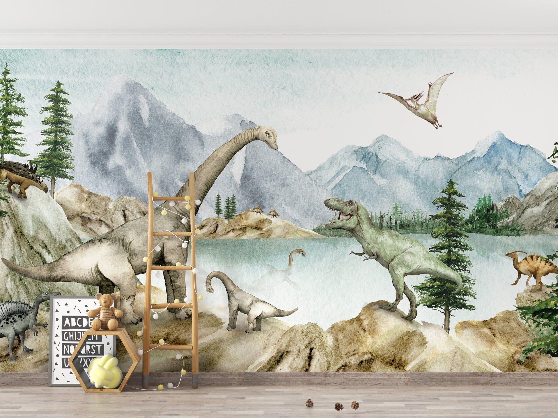 Artistic dinosaur mural with a serene lake backdrop.
