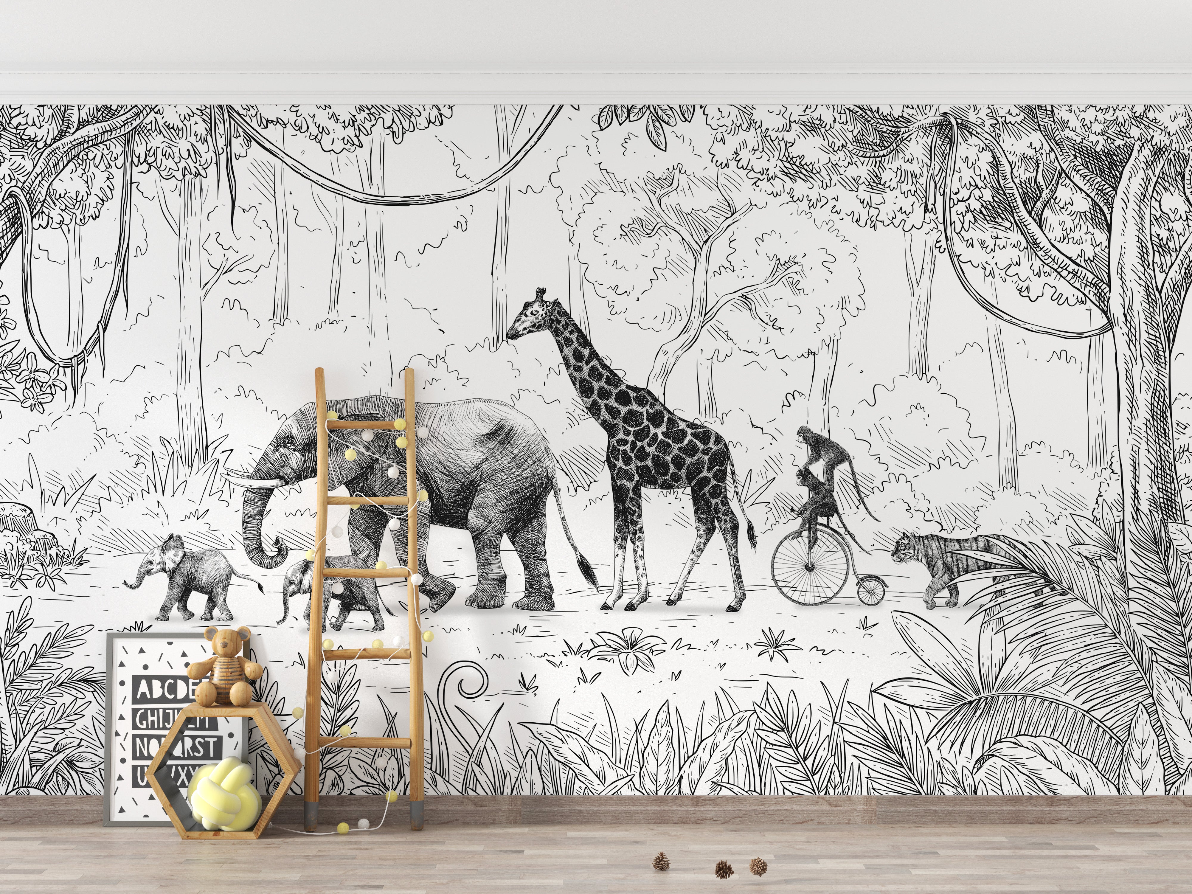 Black and white Animal Parade mural adds charm to walls.
