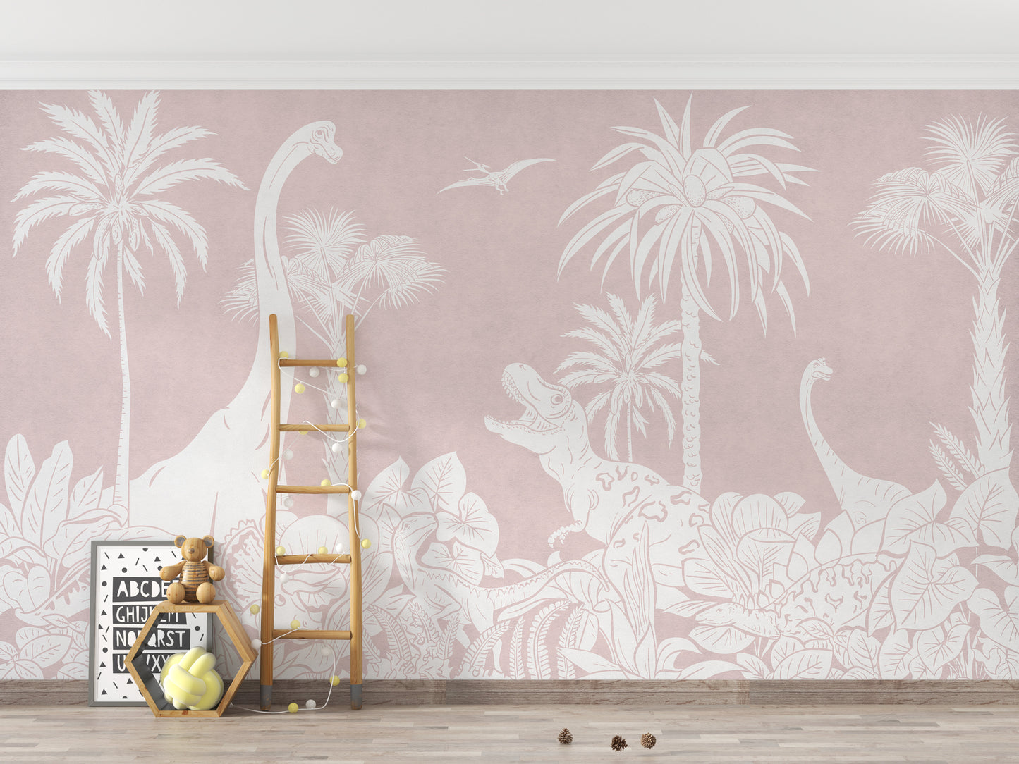 Fun Monochrome Dino Pink mural for vibrant spaces.
