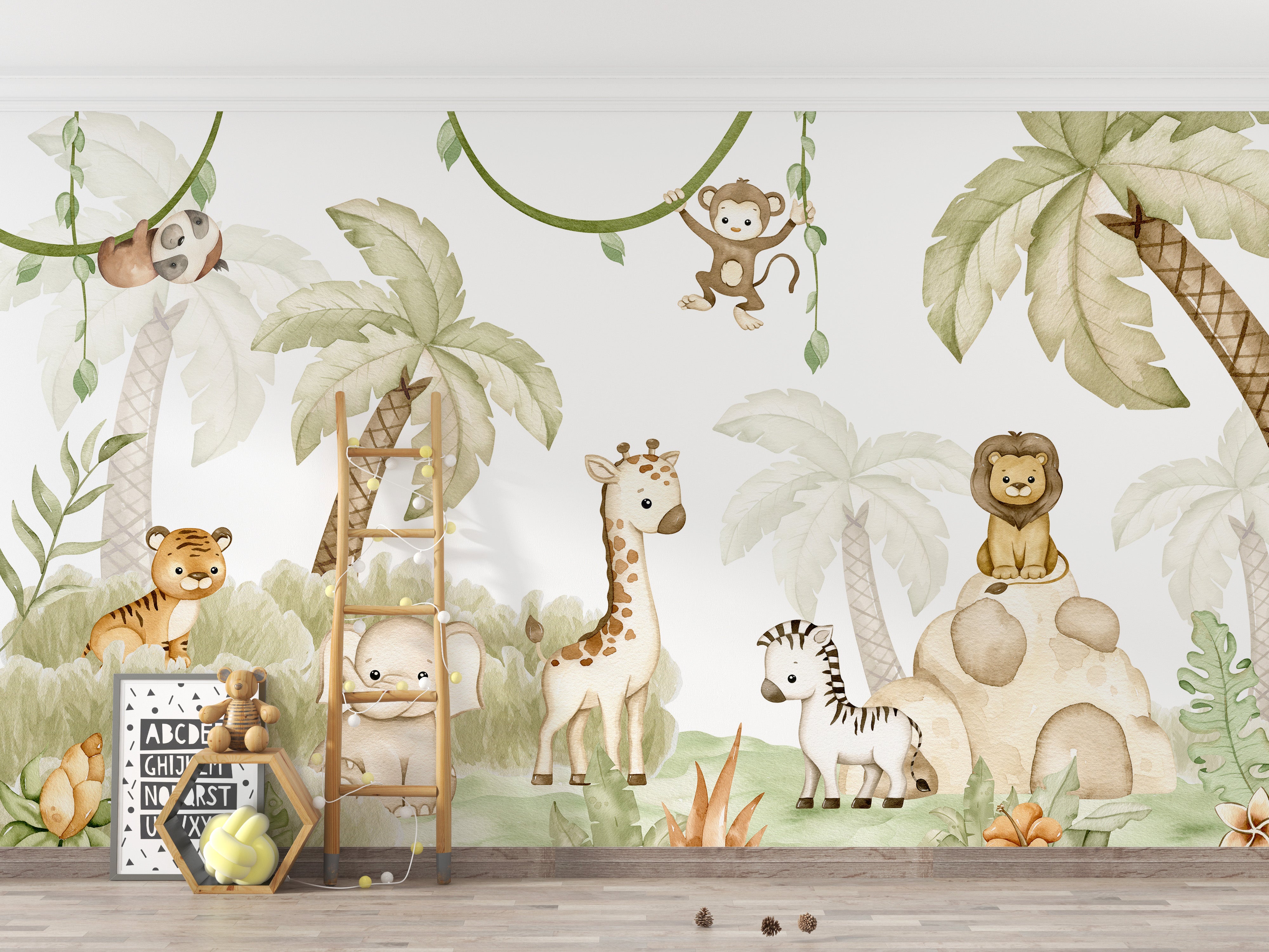 Gentle savannah-themed wall mural with animal illustrations