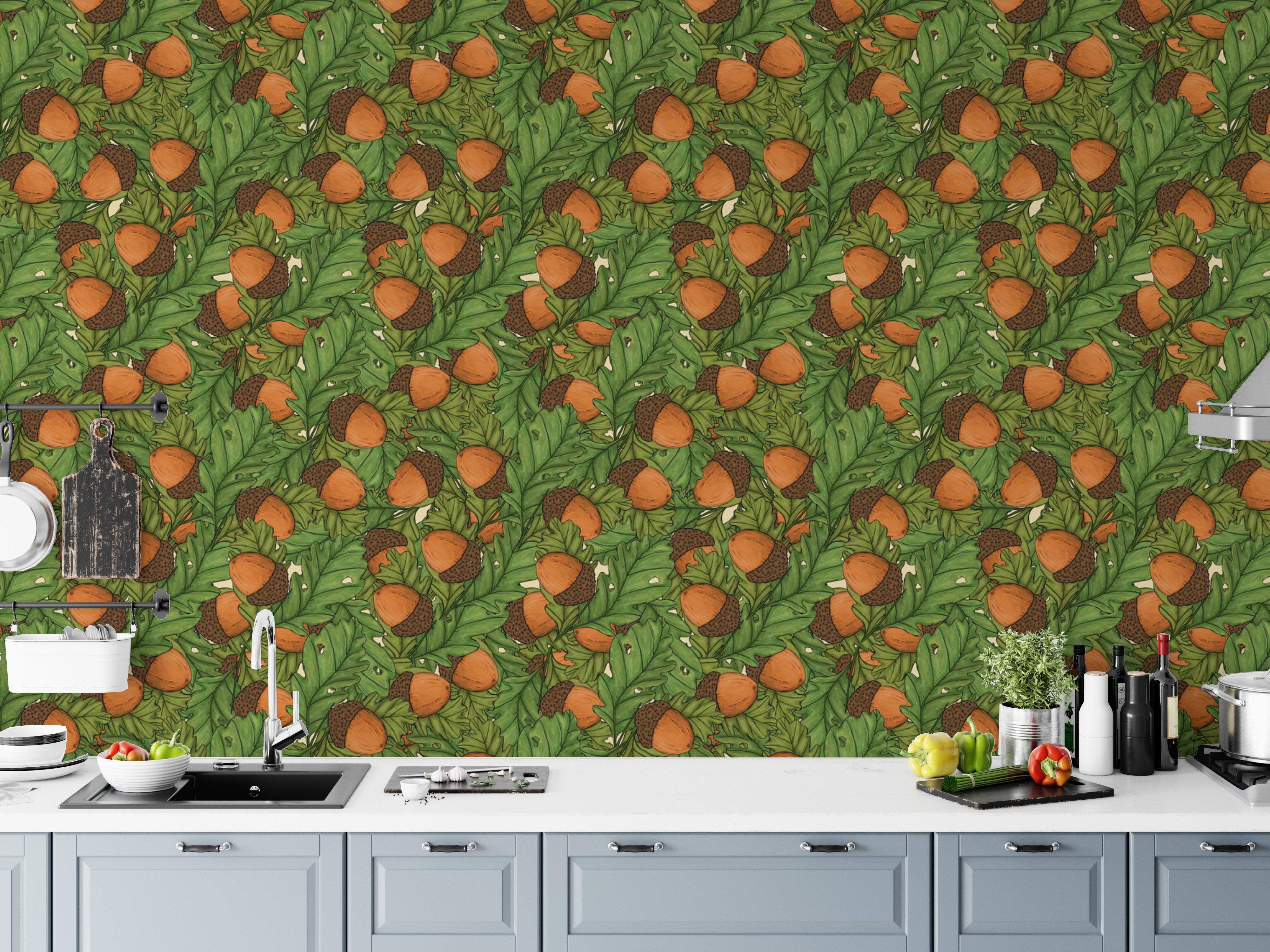 Charming wallpaper featuring a playful acorns design
