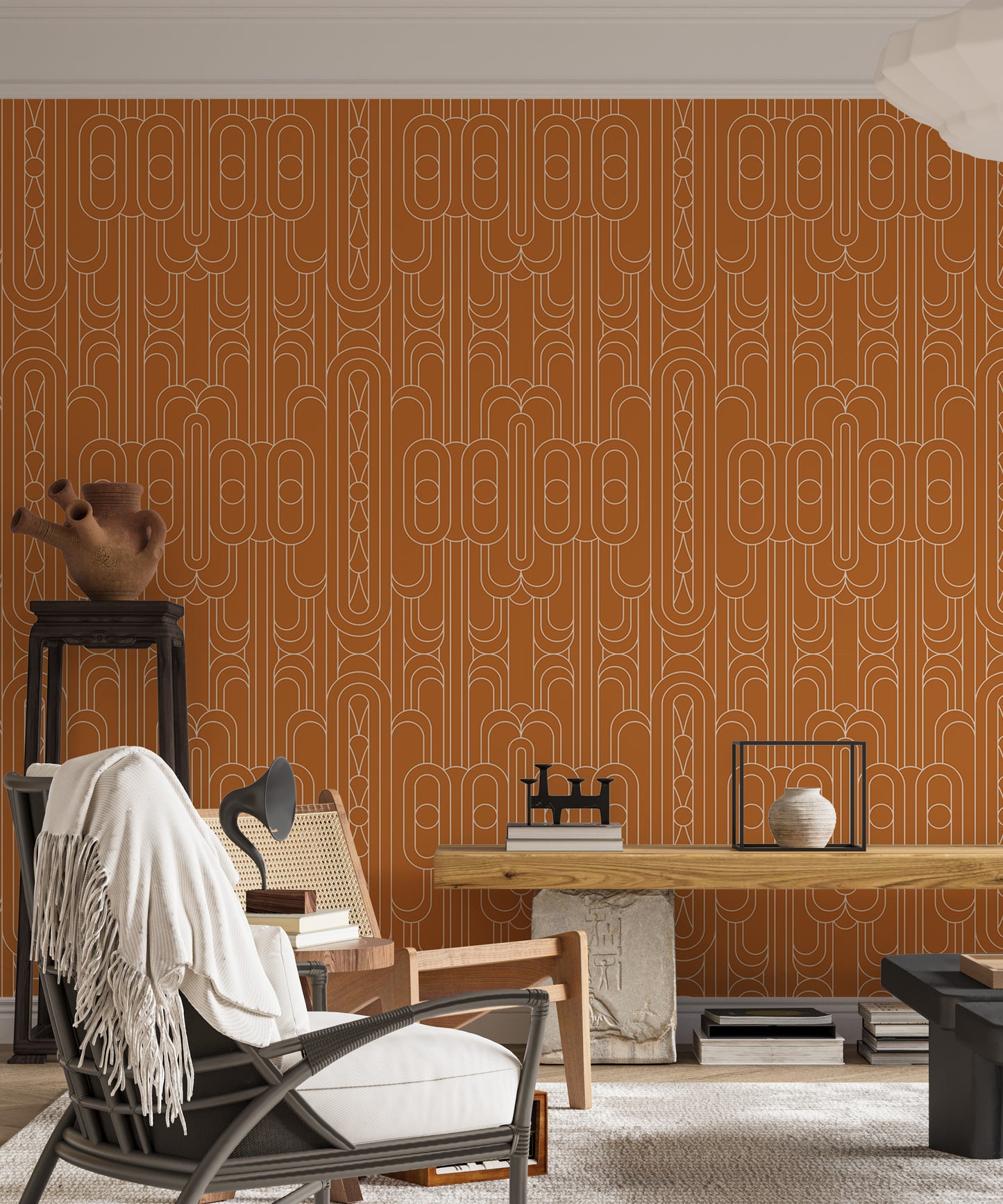 Minimalist Deco design in orange and white.