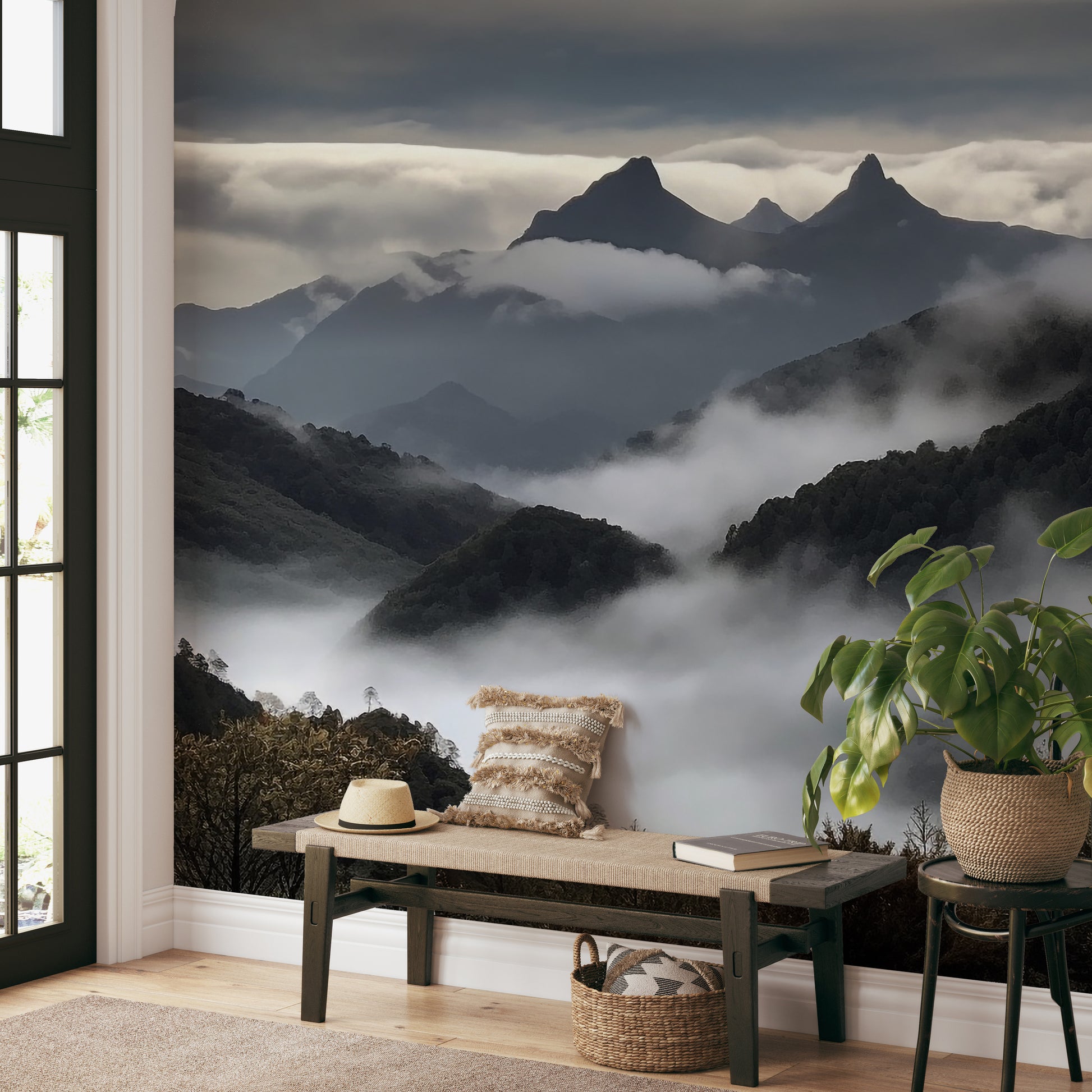 Breathtaking misty hills wall covering
