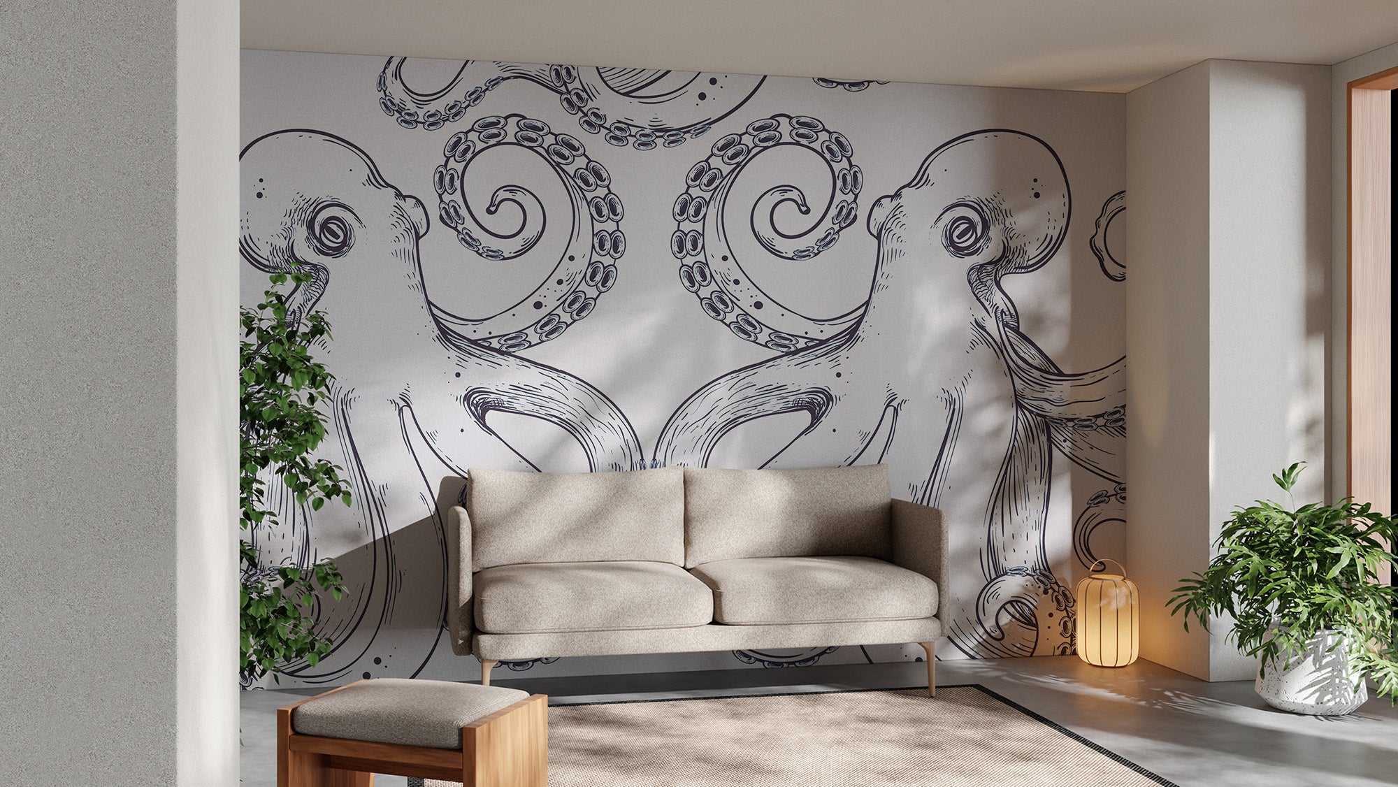 Oceanic giant octopus mural with dynamic sea life details.
