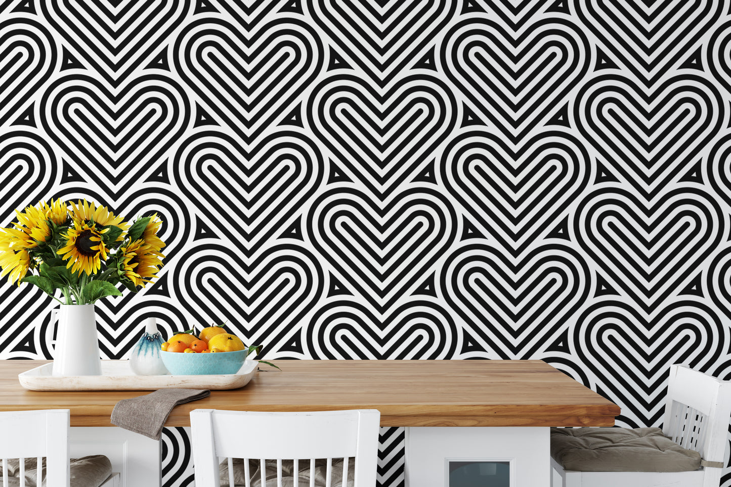 Black and White Geometric Pattern Linear Hearts Wallpaper