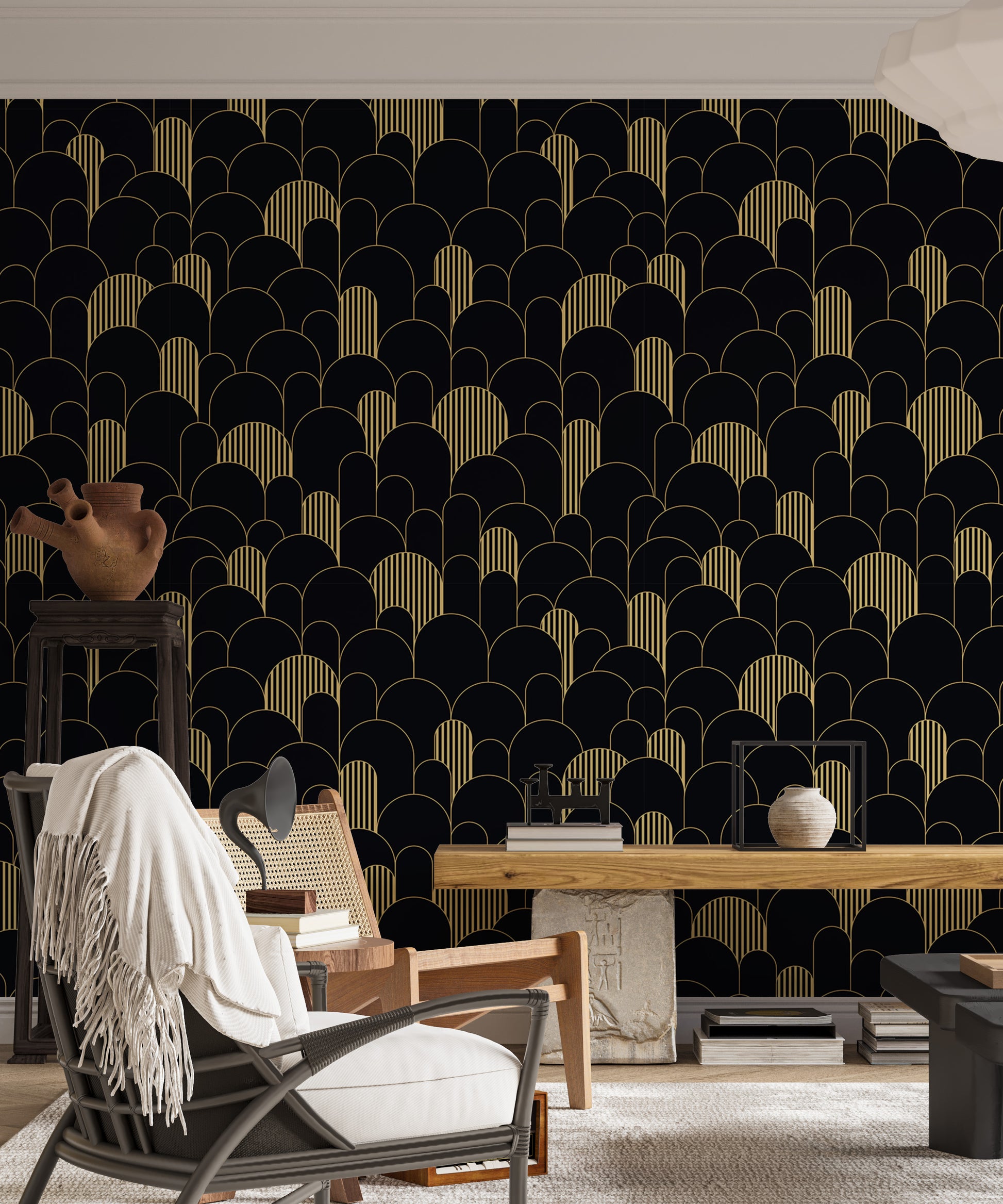 Gold Deco line patterns for sophisticated walls.