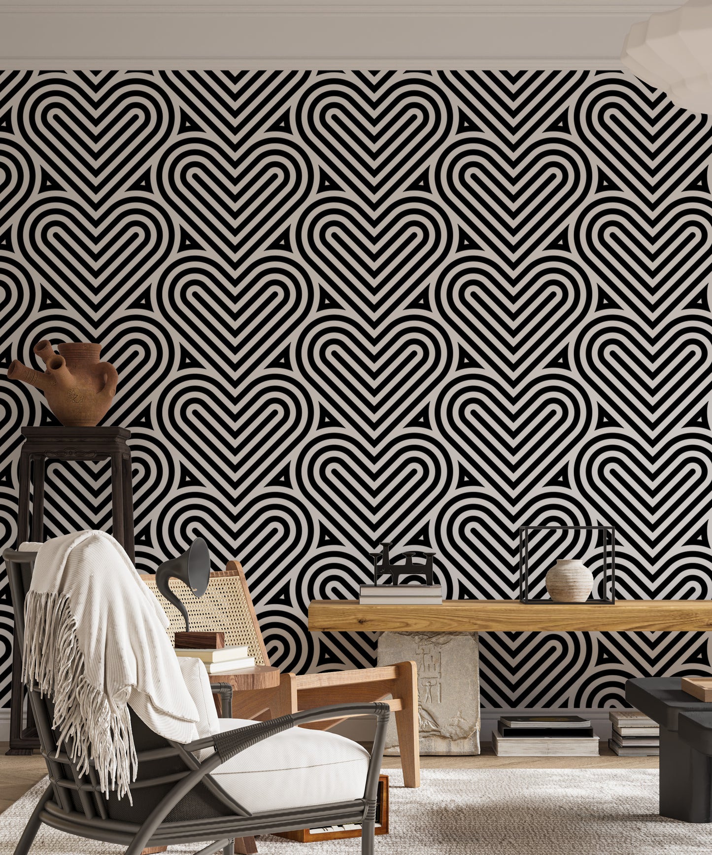 Black and White Geometric Pattern Linear Hearts Wallpaper