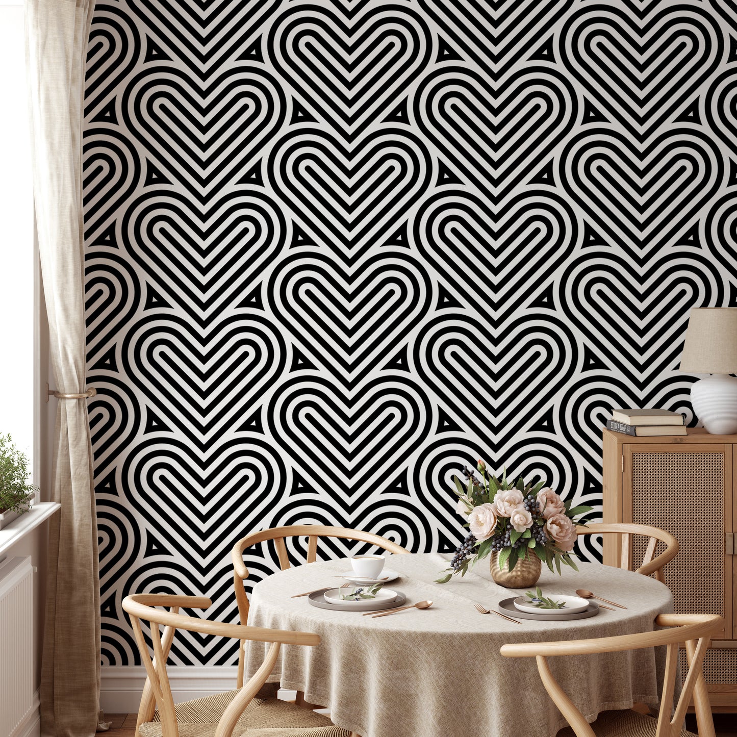 Black and White Geometric Pattern Linear Hearts Wallpaper