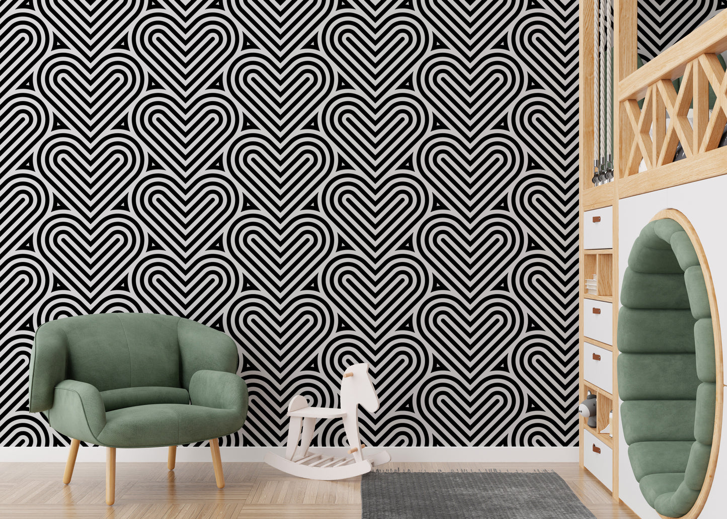 Black and White Geometric Pattern Linear Hearts Wallpaper