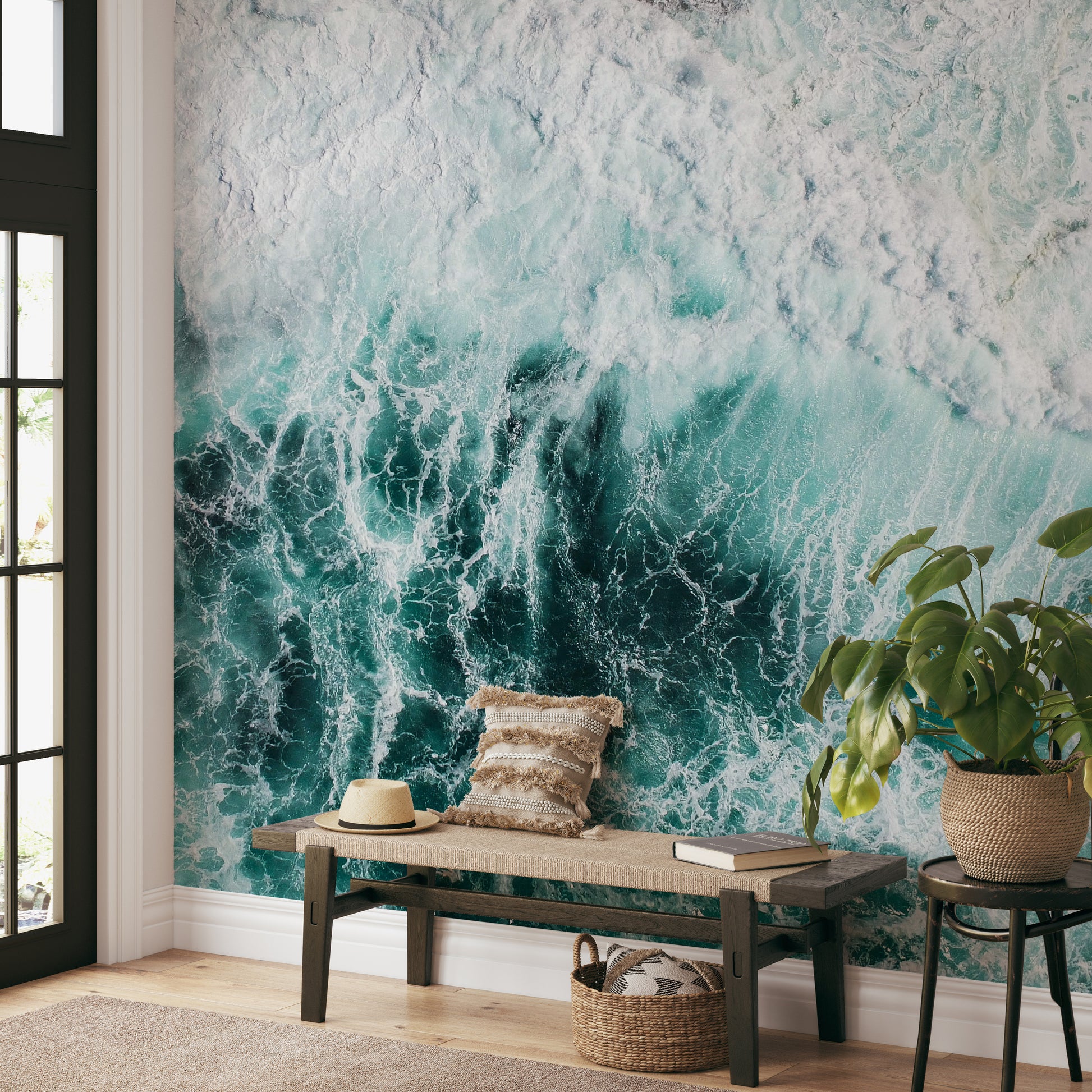 Realistic splashing wave mural with foamy details
