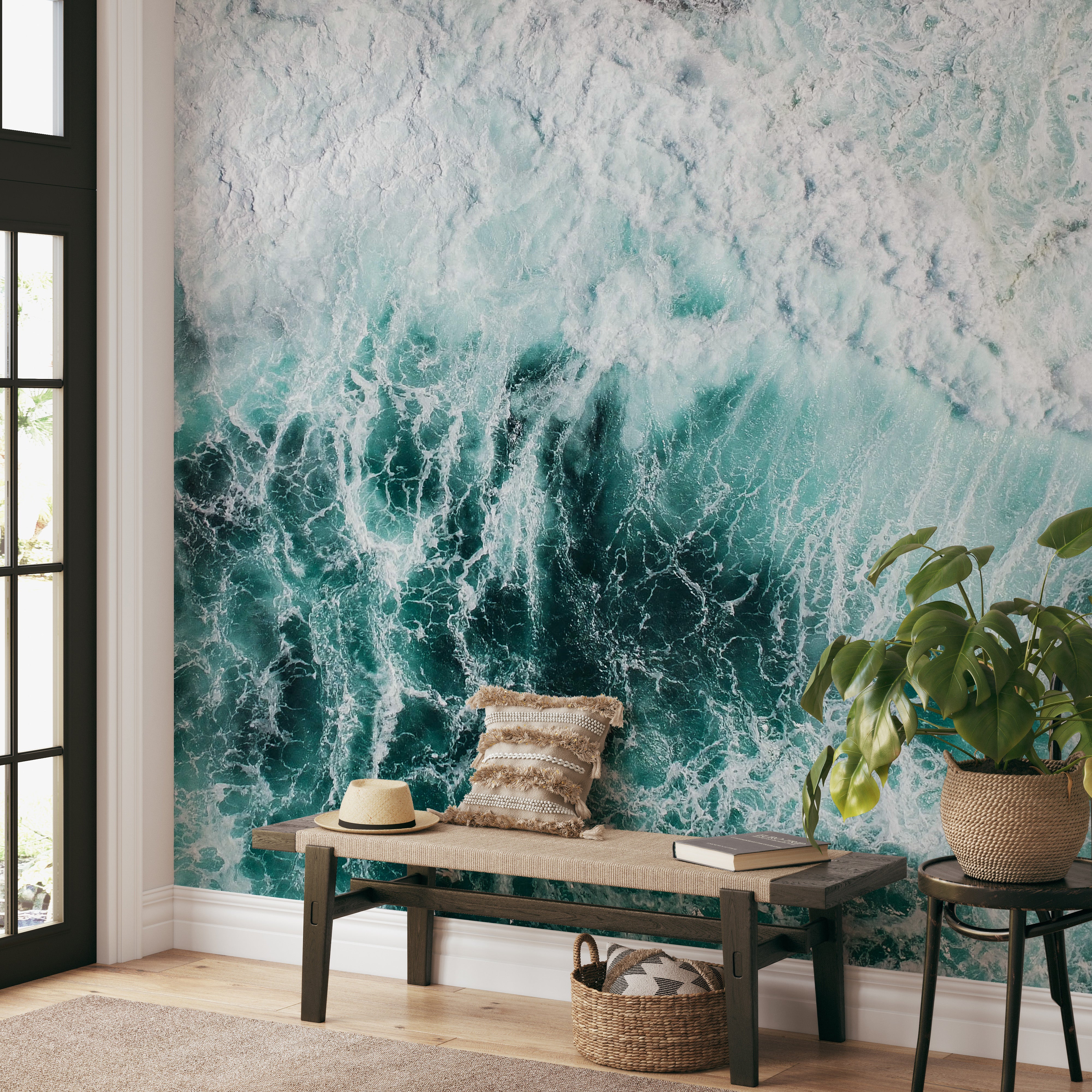 Realistic splashing wave mural with foamy details
