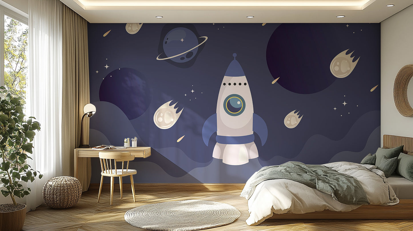 Kids' room space wallpaper featuring rocket ship design
