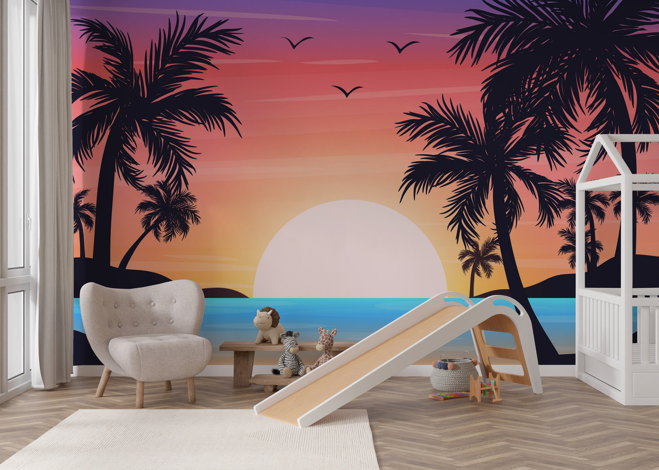 Tropical beach sunset wallpaper with palm trees
