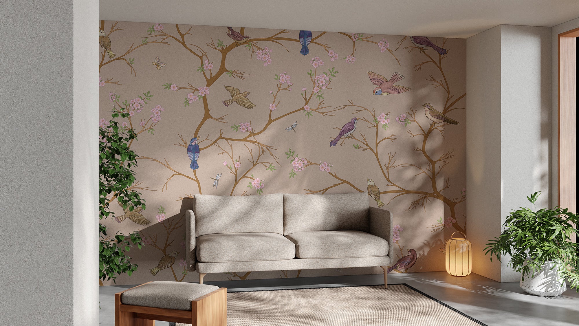 Soft beige floral design with birds for tranquil spaces
