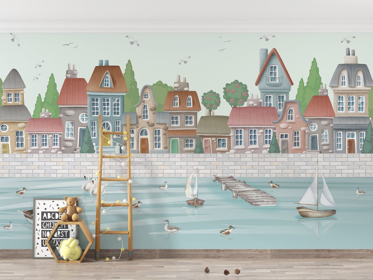 Coastal Town Seaside Mural Wallpaper