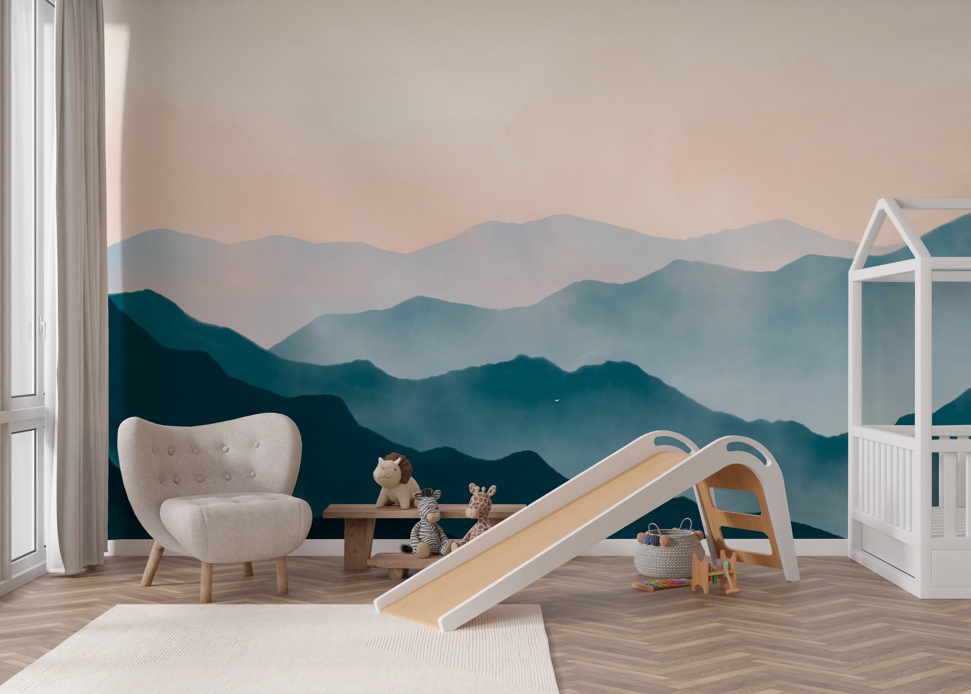 Misty watercolor mountain landscape design for walls
