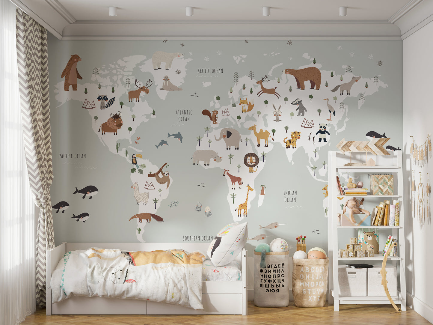 Wildlife-inspired world map mural for spacious walls
