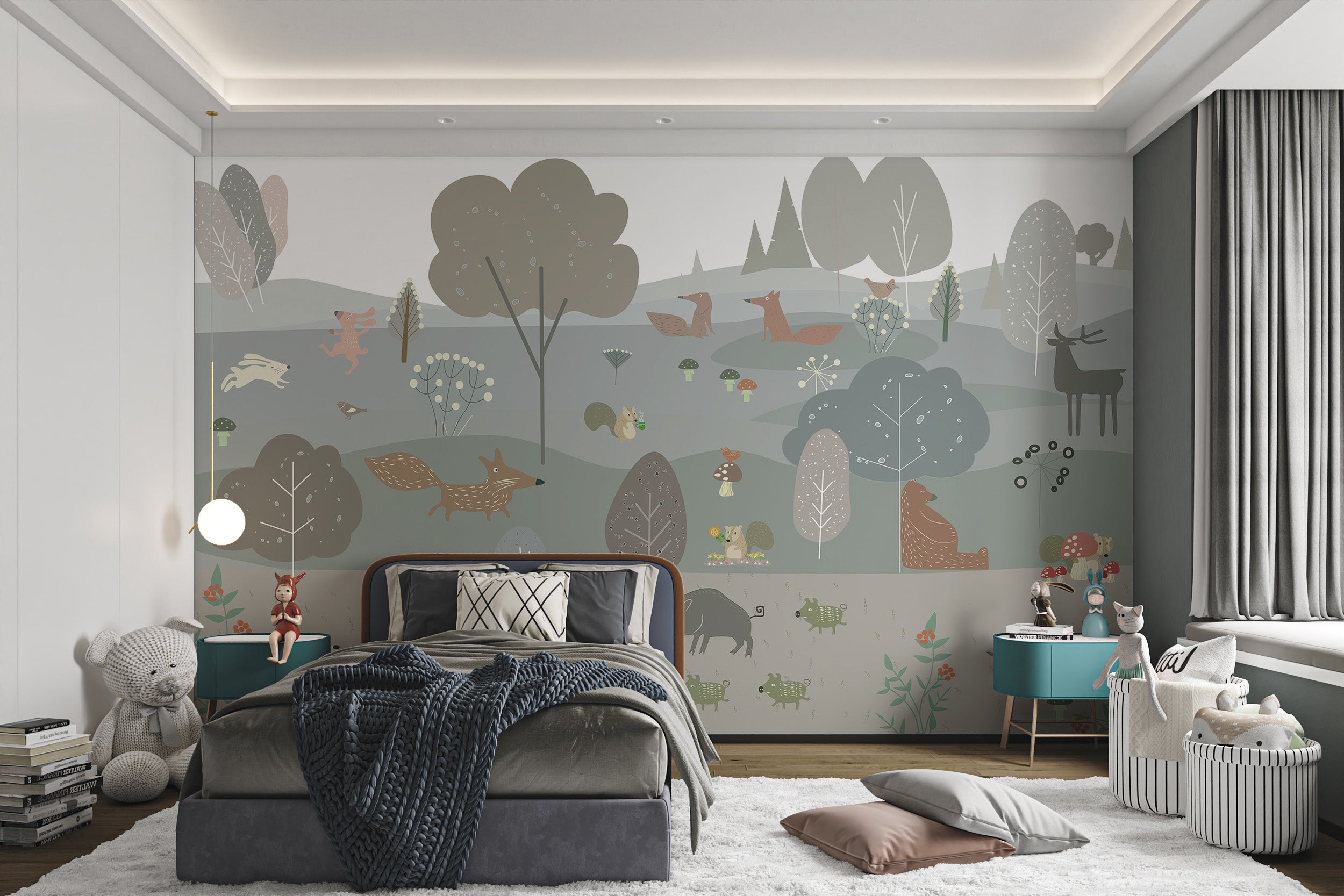 Scandinavian-inspired wallpaper with woodland creatures