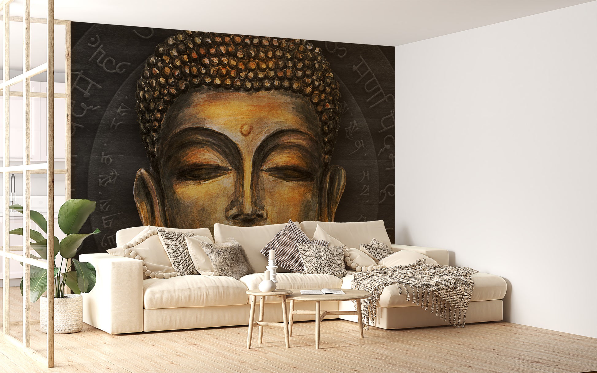 Golden Buddha wallpaper for serene interiors
