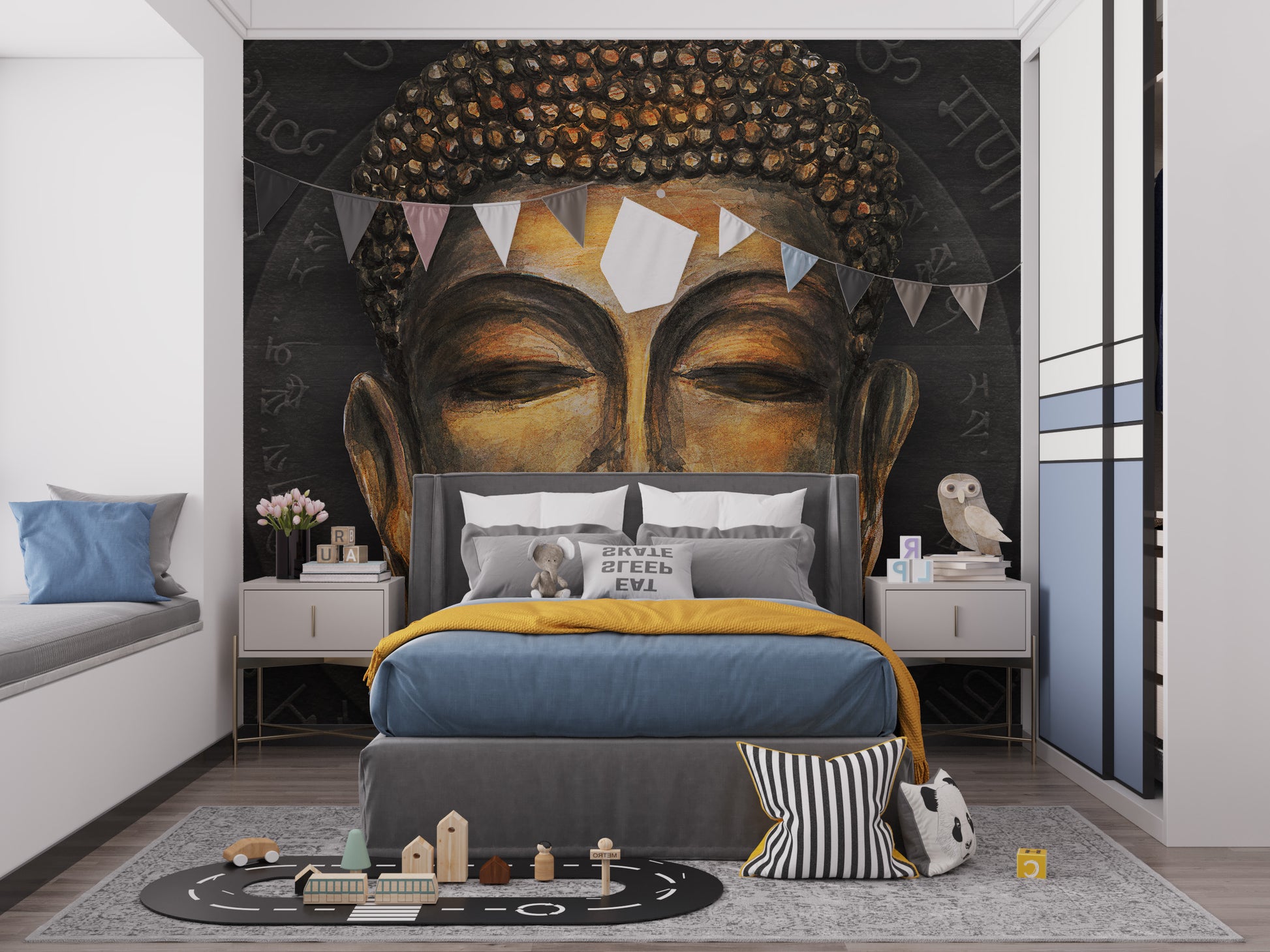 Serene golden Buddha mural for relaxation
