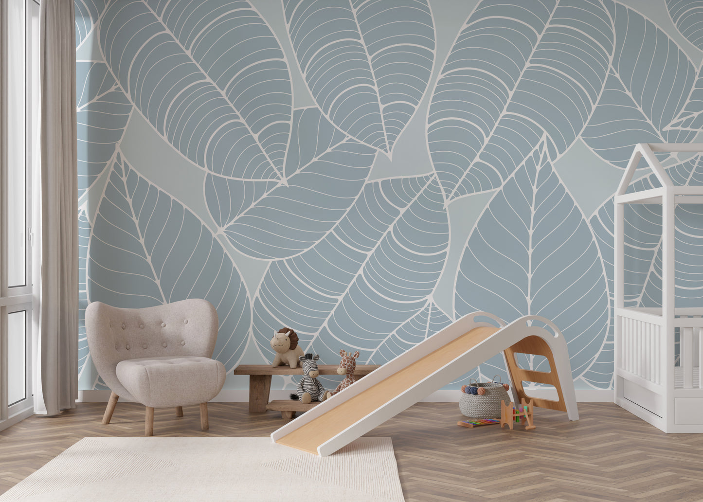 Soft blue leaf wallpaper with botanical pattern
