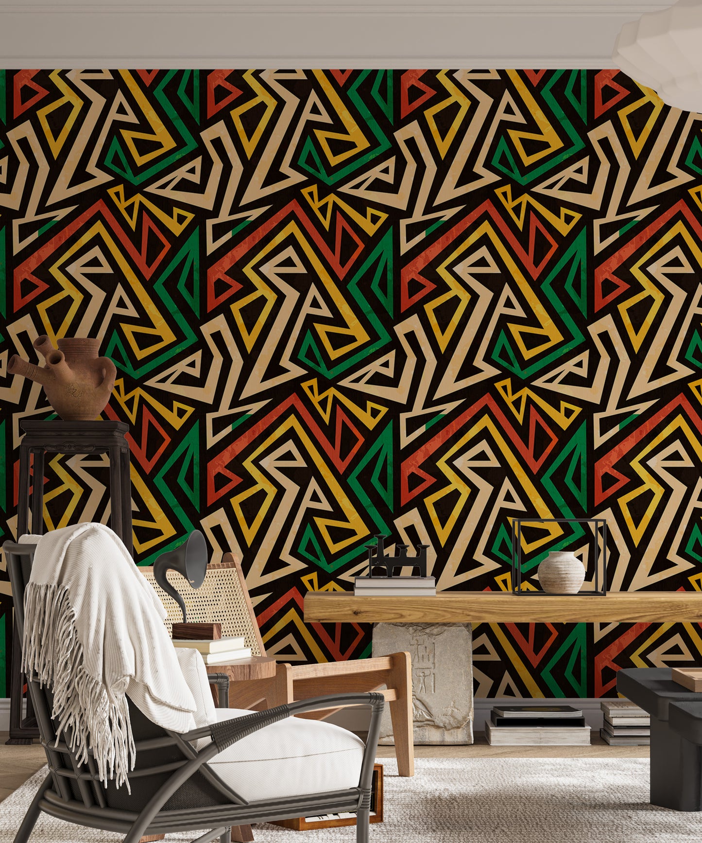 African Geometric Repeat Pattern Grunge Effect Wallpaper