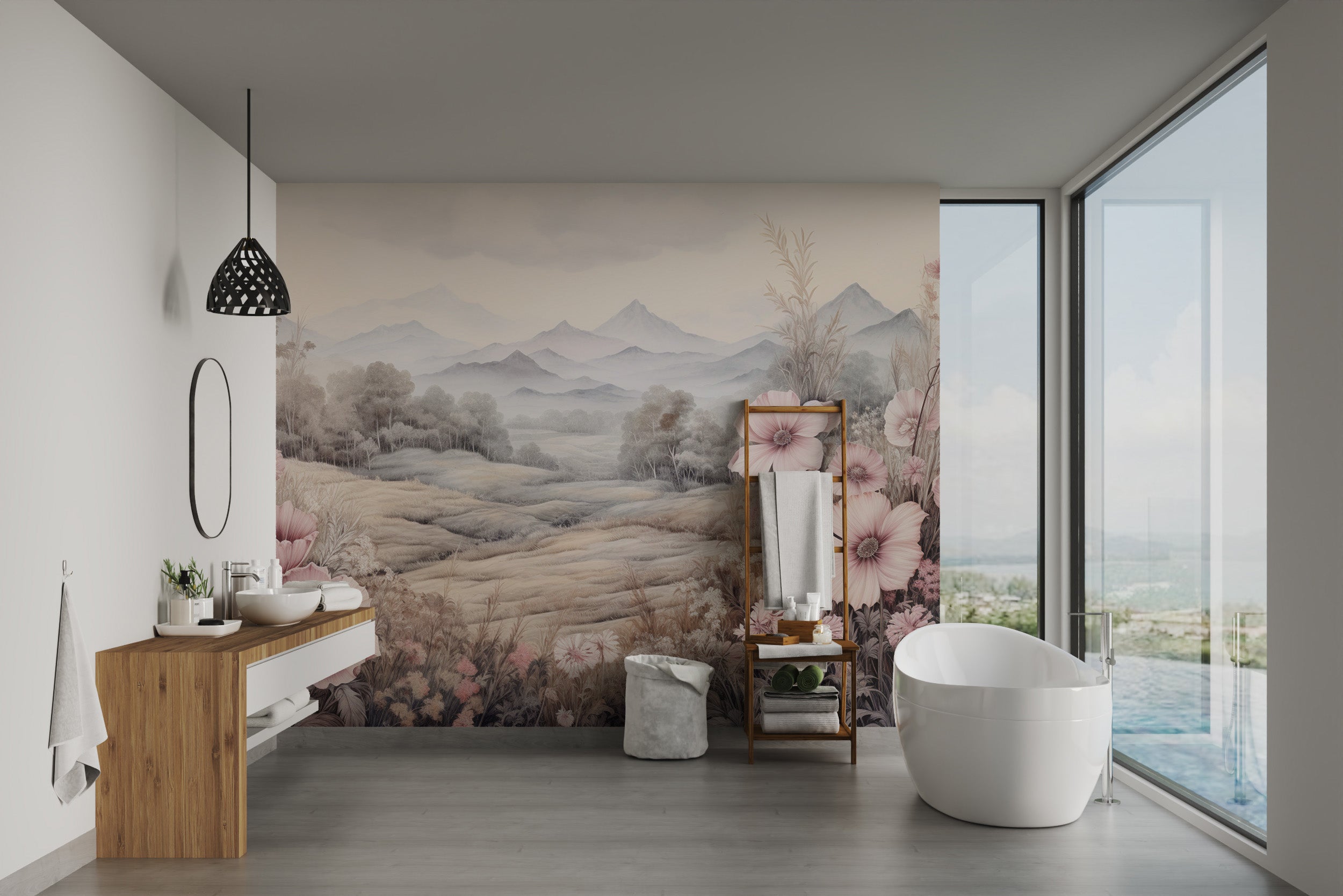 Soft floral mountain landscape mural
