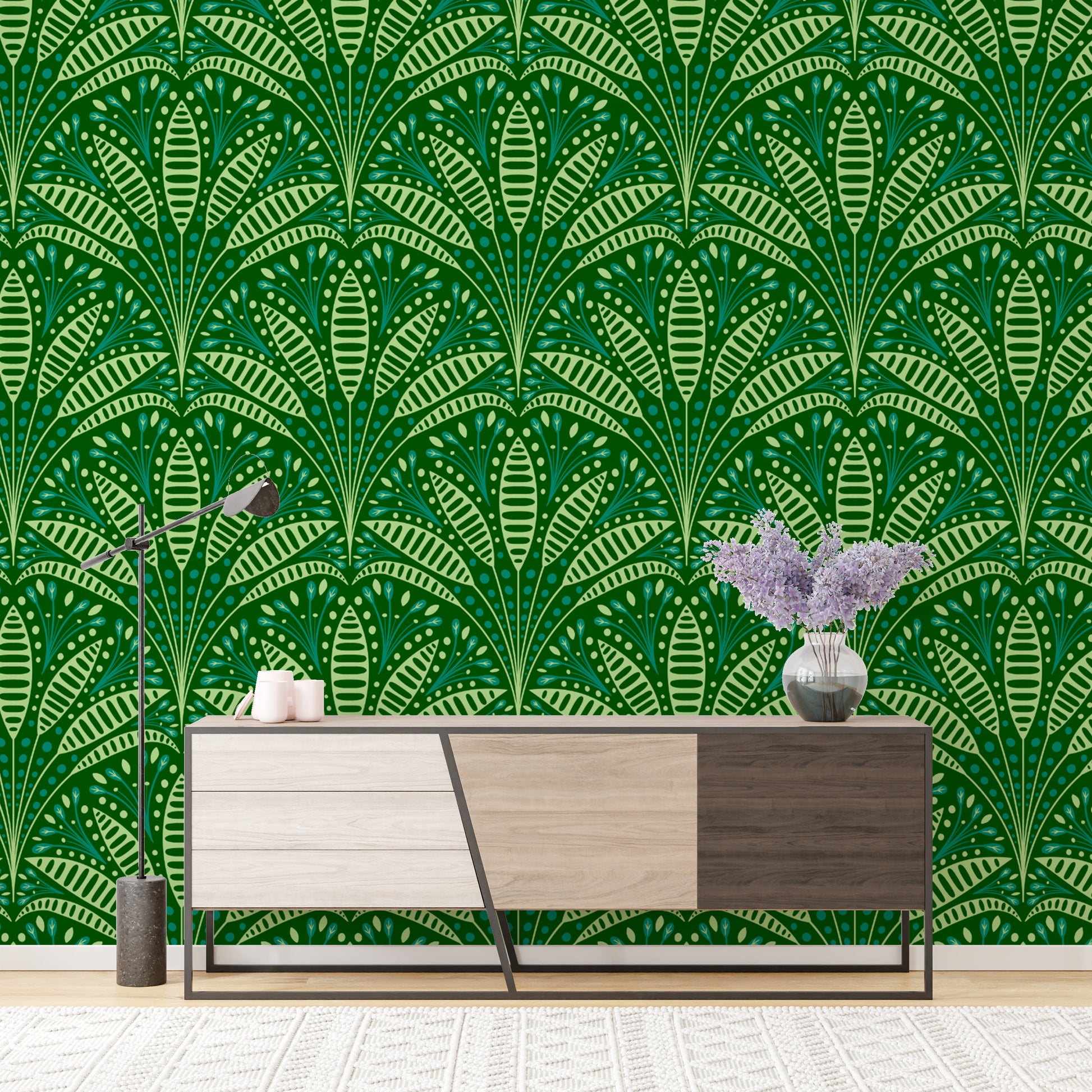 Art Deco-inspired green palm wallpaper for stylish decor
