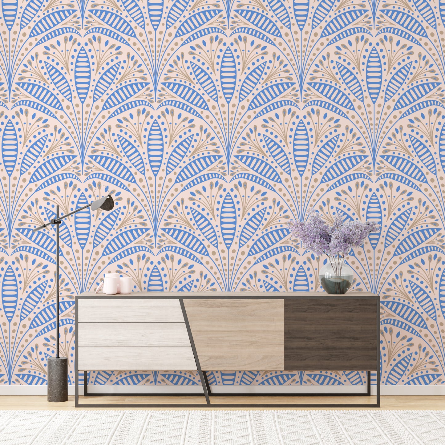 Art Deco-inspired blue palm wallpaper for stylish interiors
