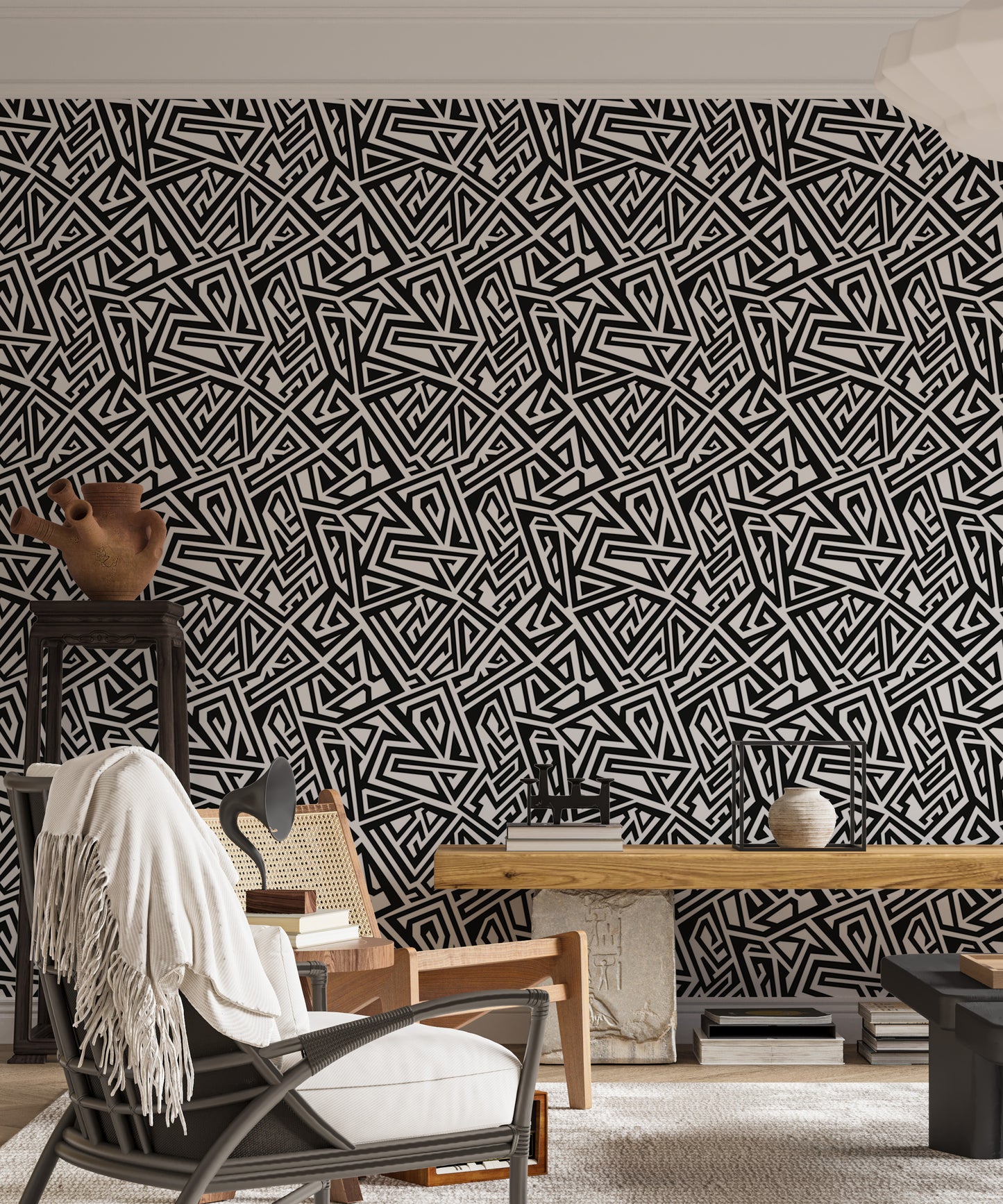 Black and White Monochrome Ancient Geometric Wallpaper