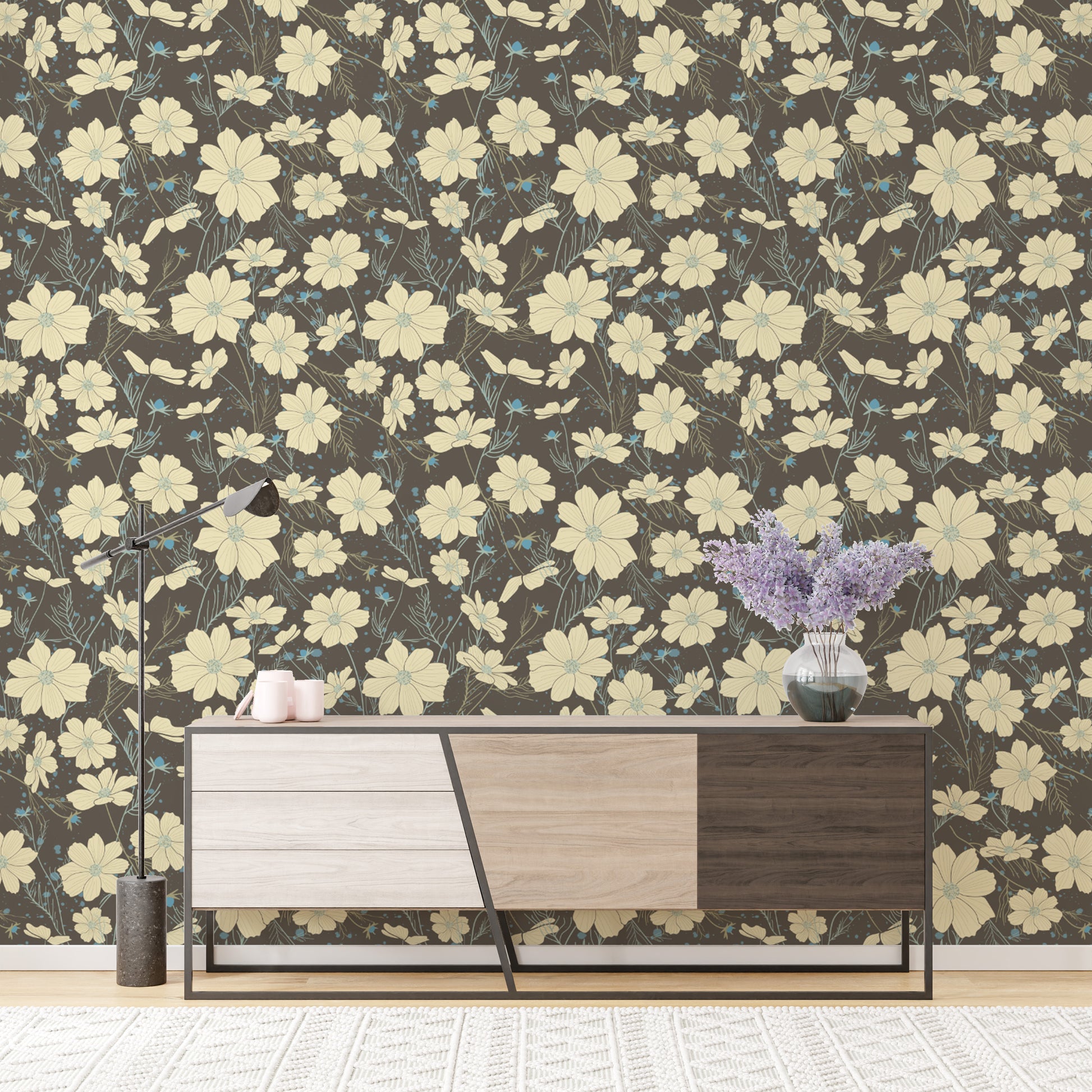 Graceful cosmos flower motif wallpaper for serene interiors
