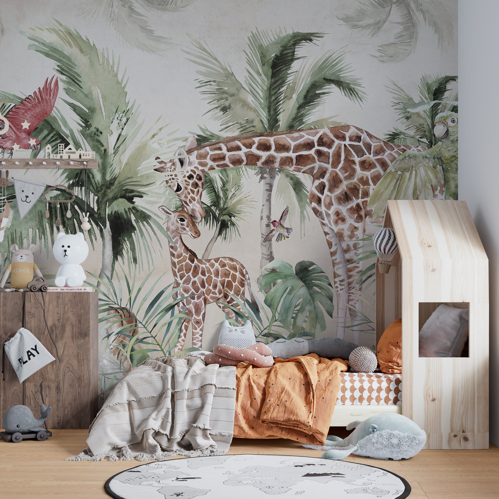 Lush forest mural featuring giraffe and tiger together