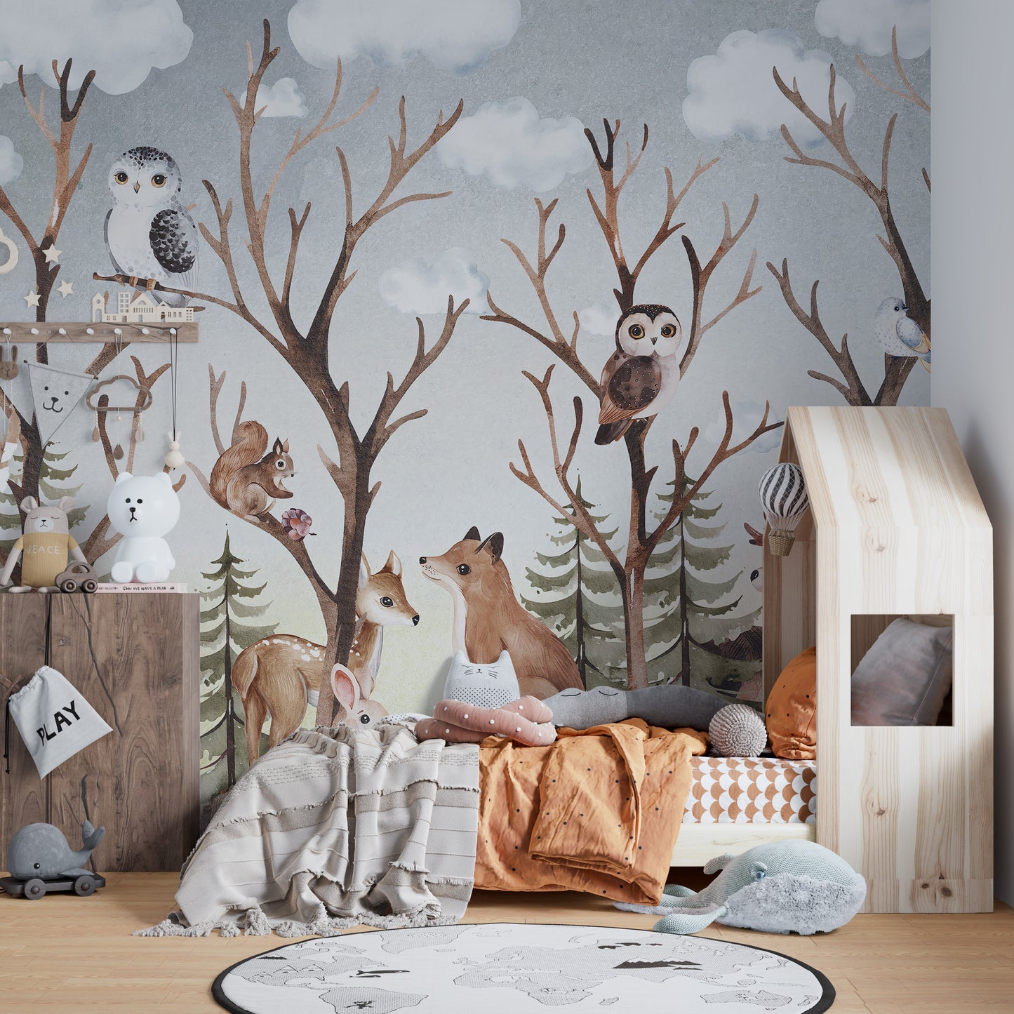 Wildlife-themed mural in a brown tropical setting
