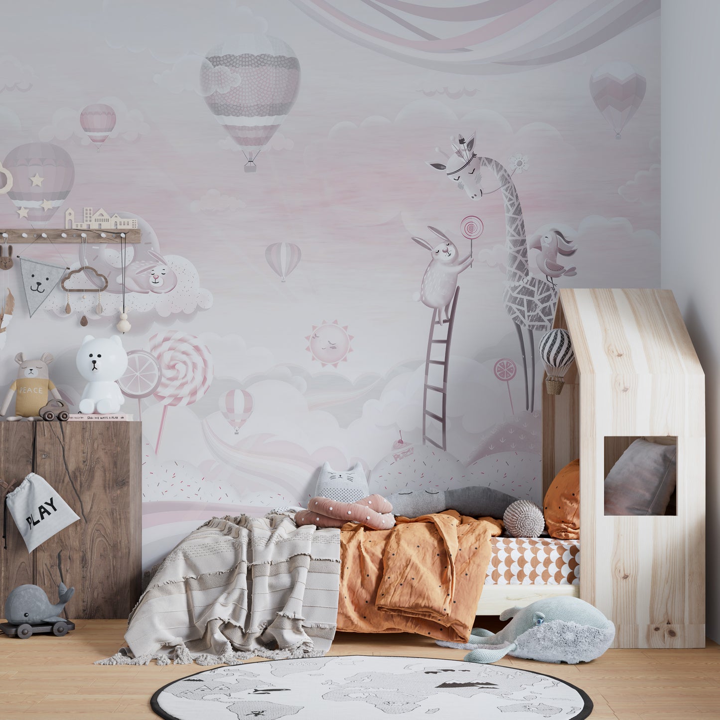 Pink cartoon wall mural for cheerful kids
