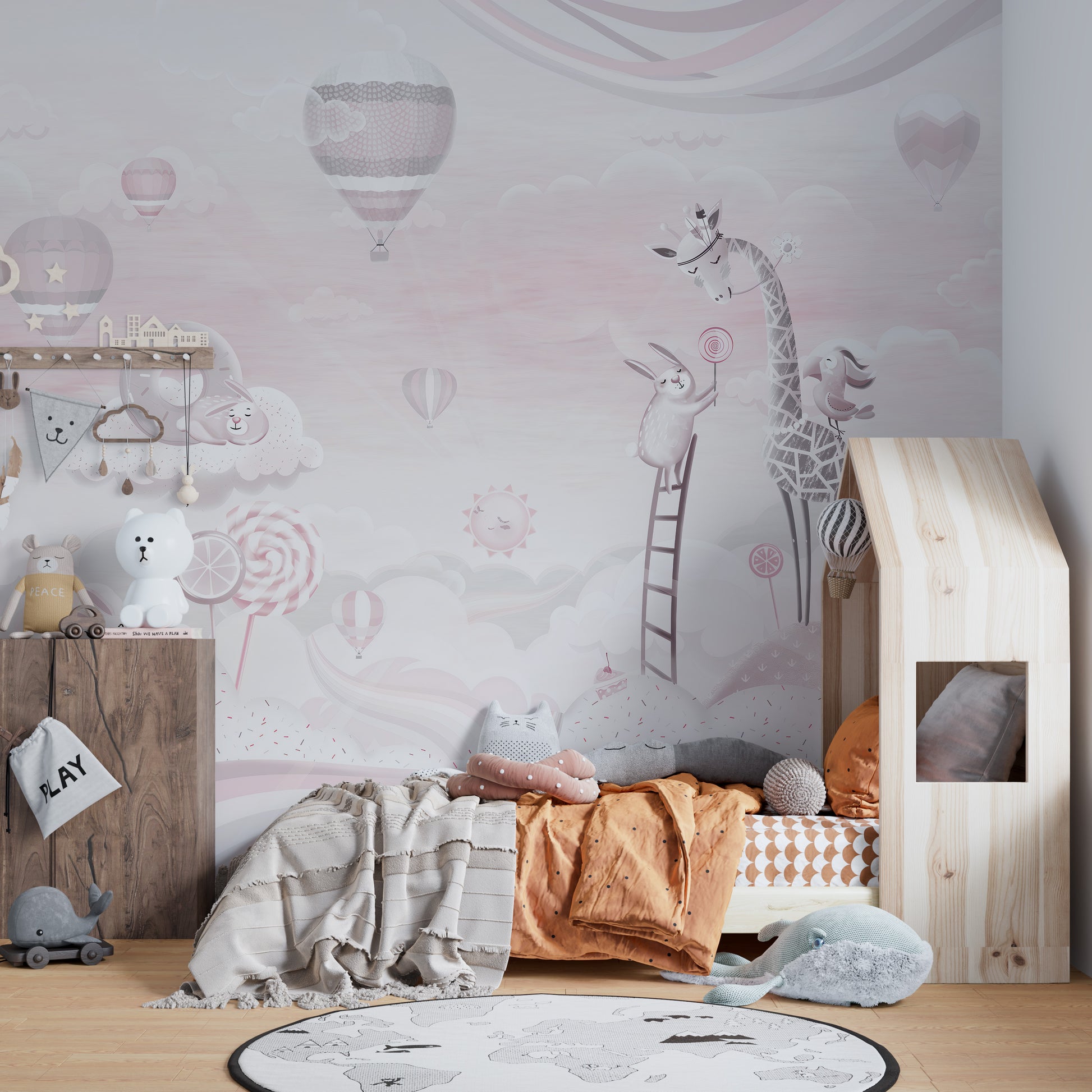 Pink cartoon wall mural for cheerful kids
