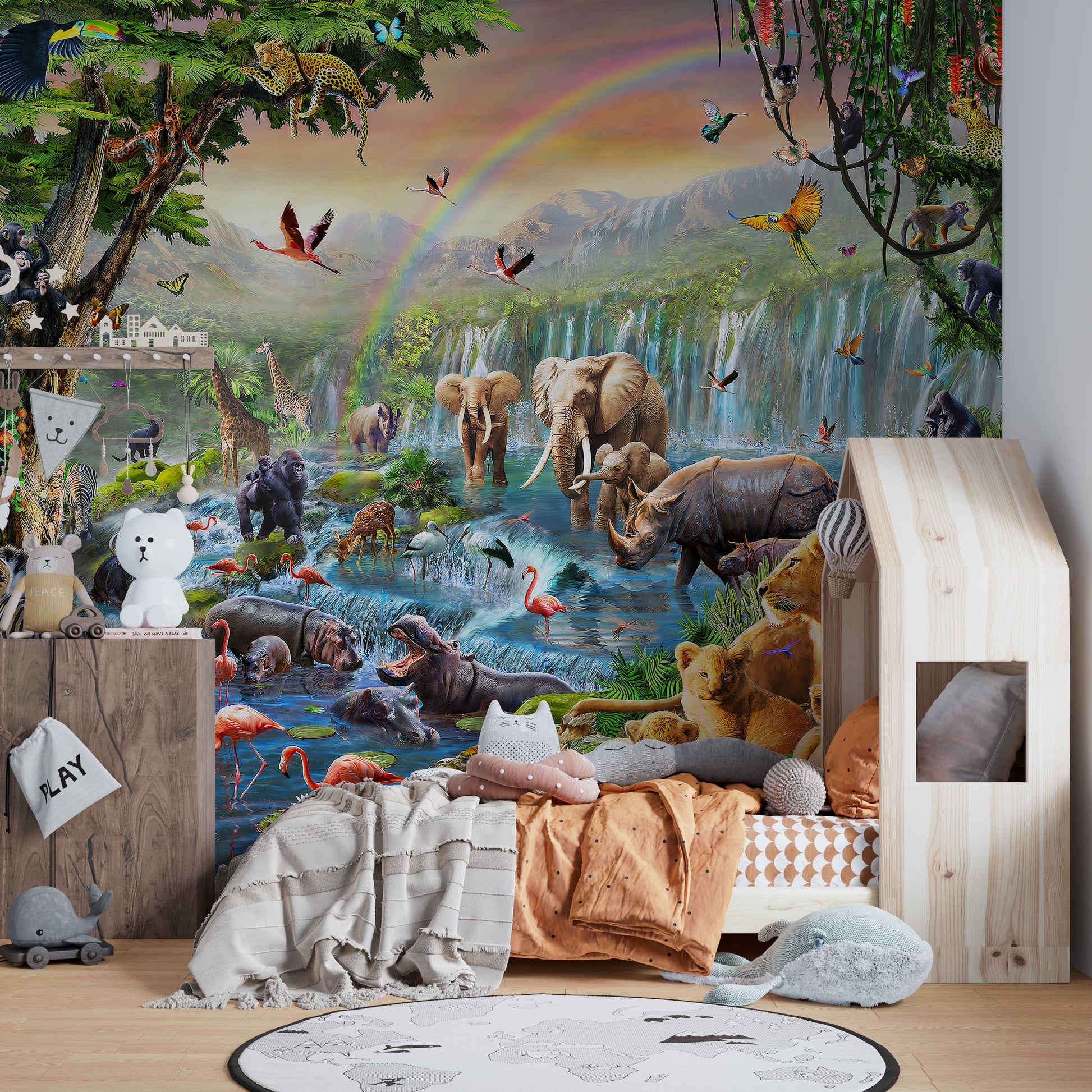 Vibrant animal kingdom wall mural decor
