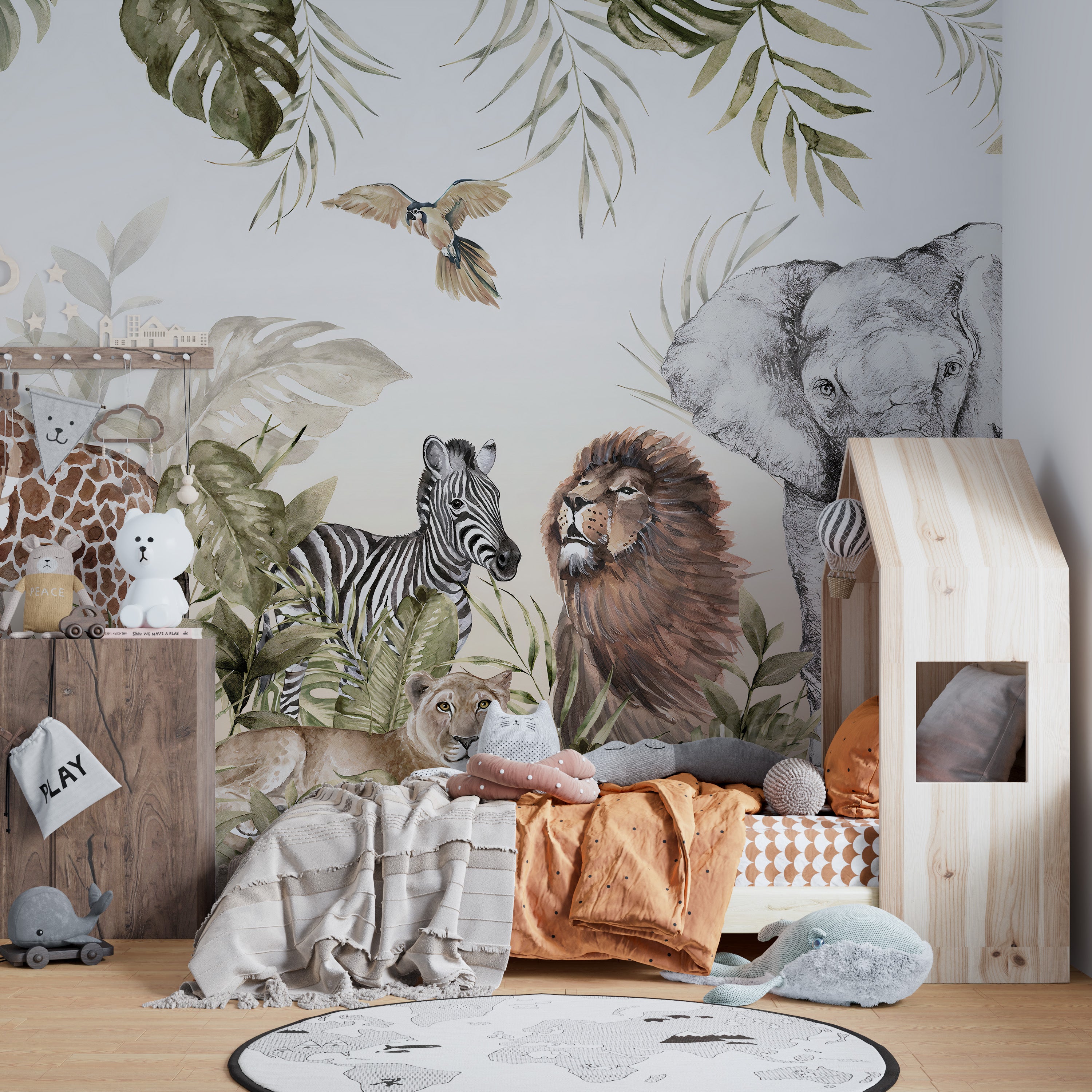 Vibrant watercolor jungle mural for kids walls



