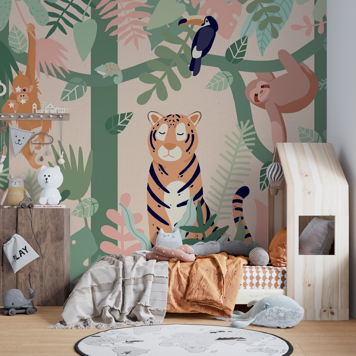 Peel and stick wallpaper with cartoon tiger
