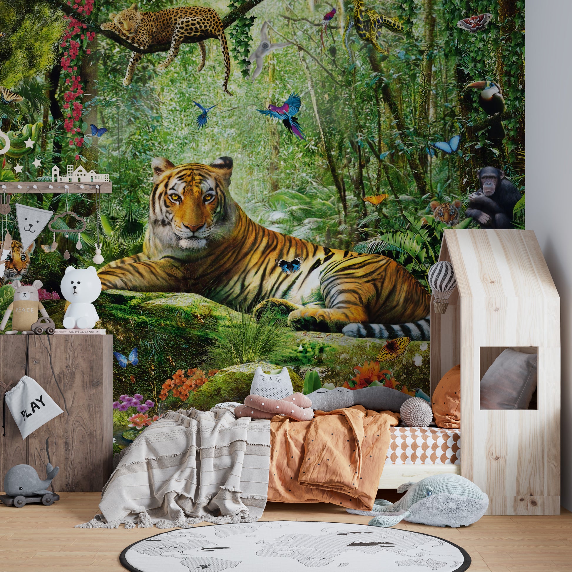 Tropical jungle wallpaper with wildlife and flowers
