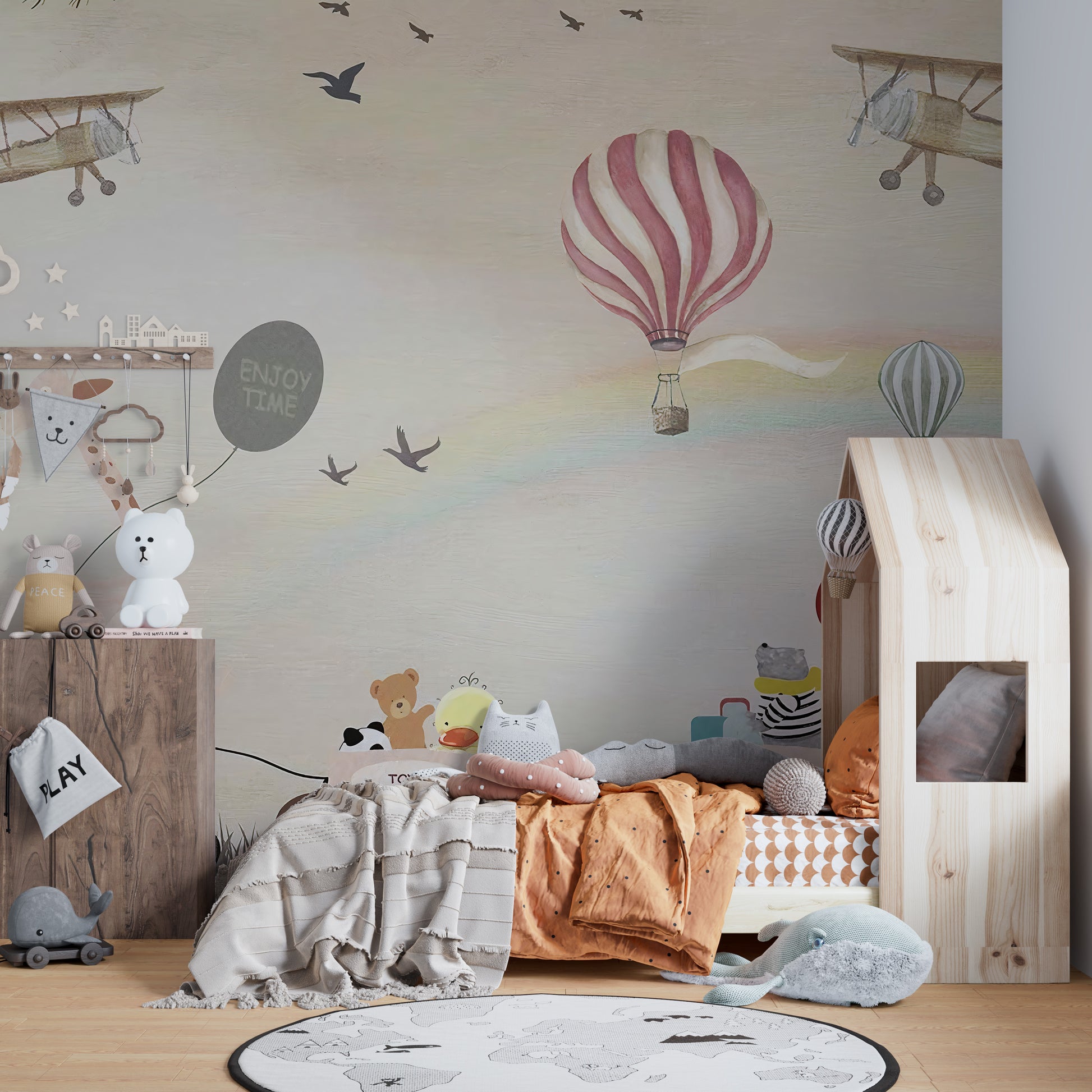 Playful animal parade mural in soft colors.
