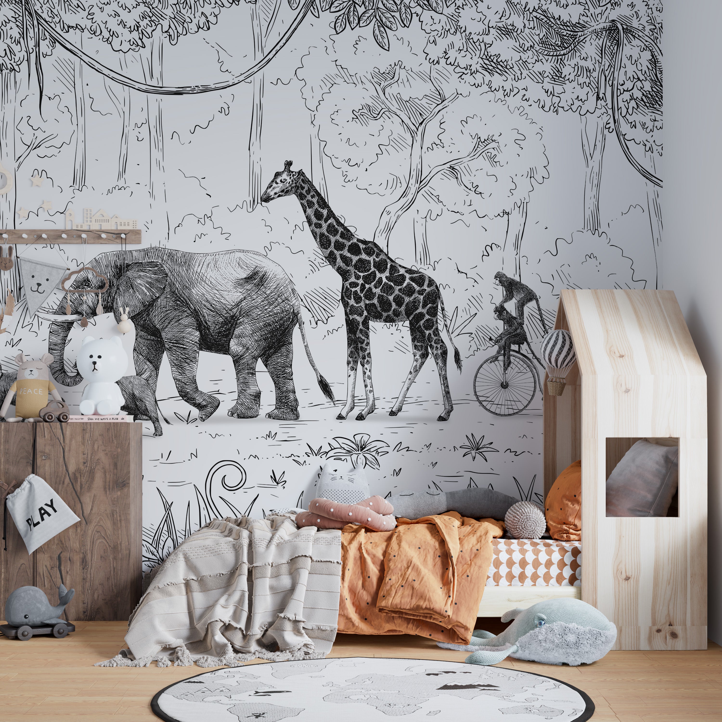 Sophisticated Animal Parade mural for modern interiors.
