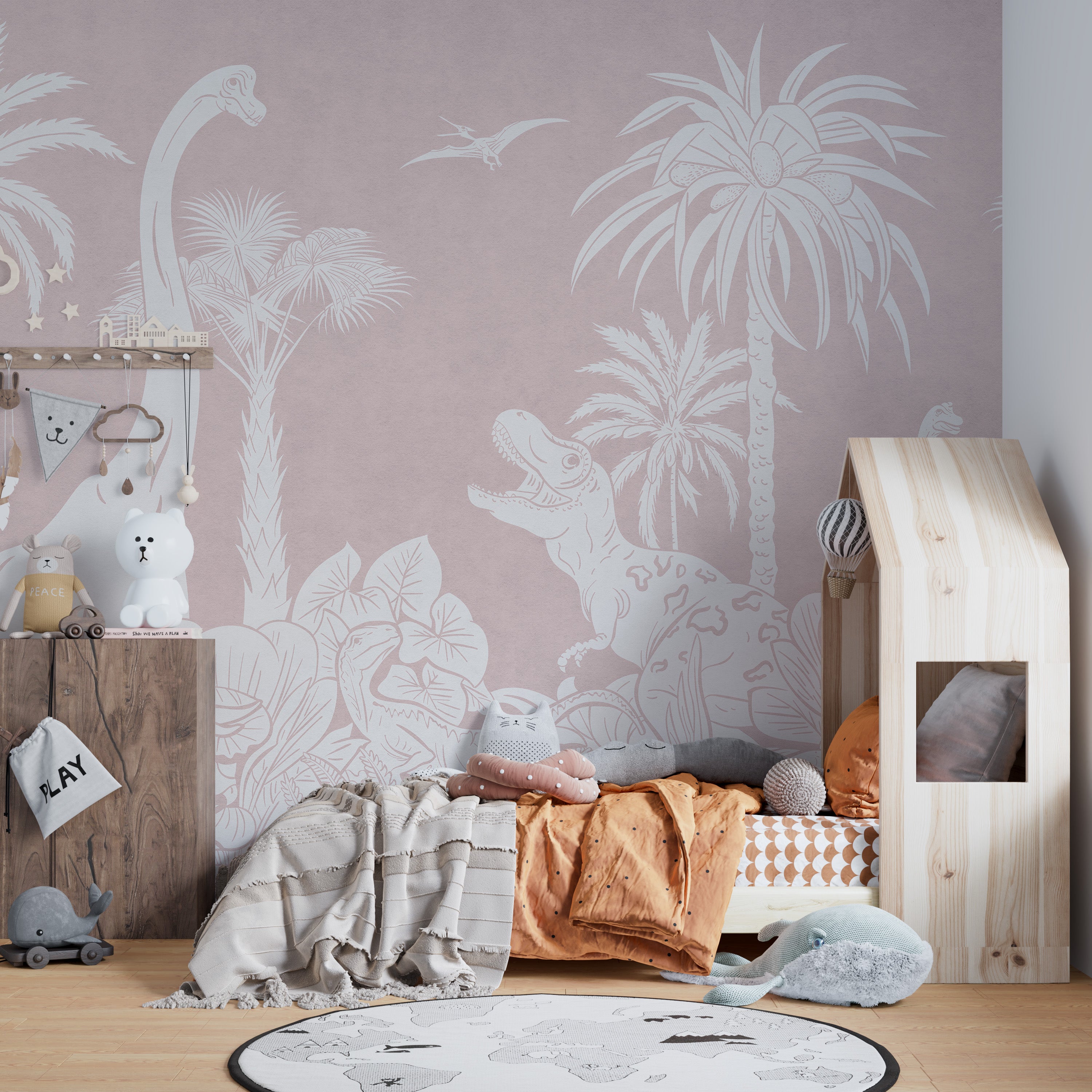 Transform walls with Monochrome Dino Pink mural design.
