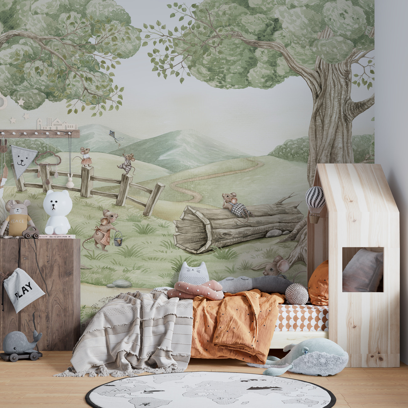 Adorable Mouse Family mural for kids’ cozy rooms.
