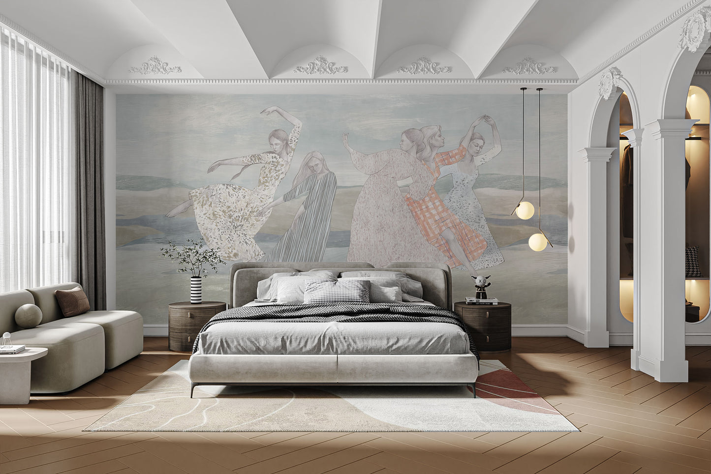 Self-adhesive dancing girls mural for stylish spaces