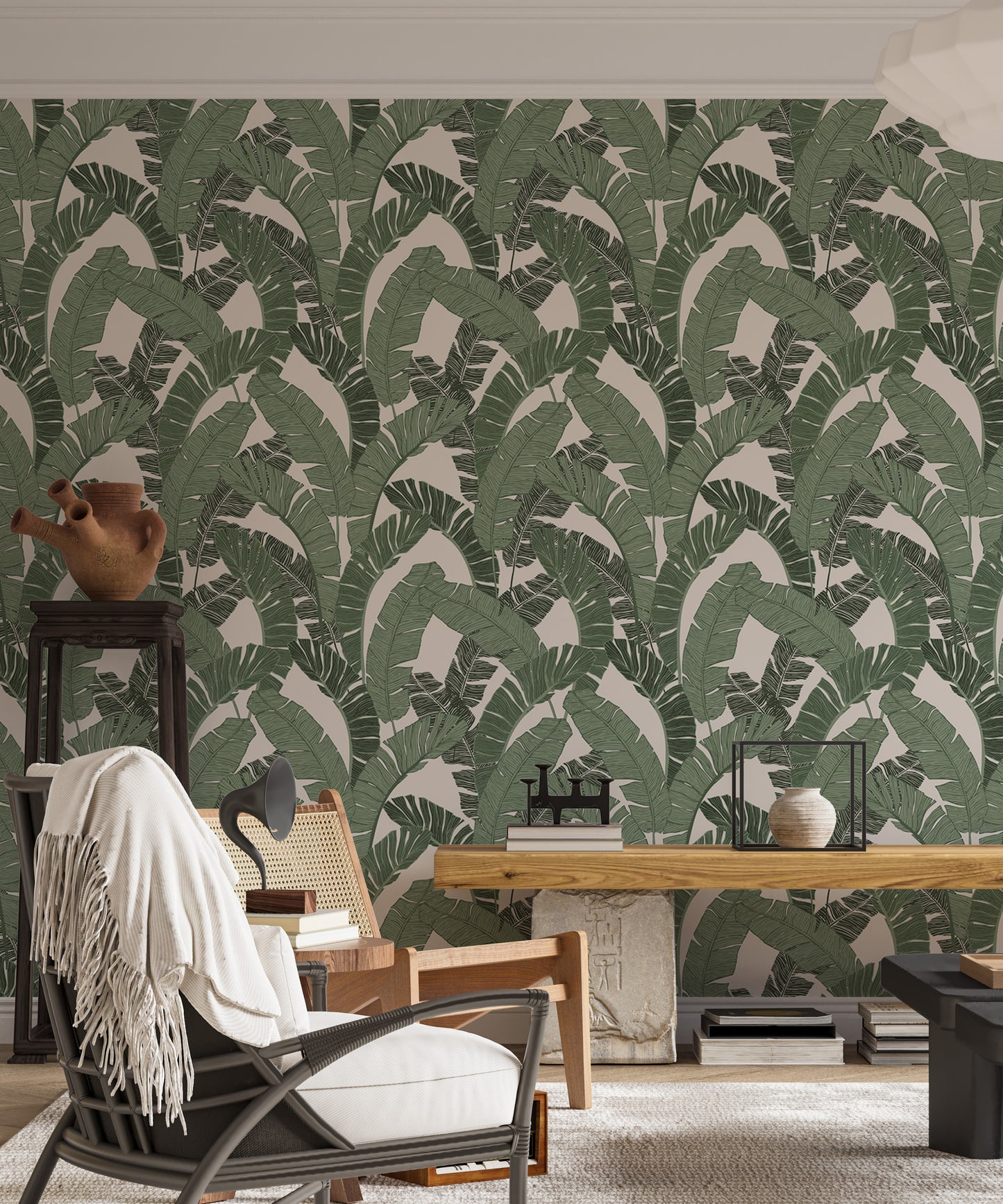 Banana Leaf Green Color Repeat Pattern Wallpaper