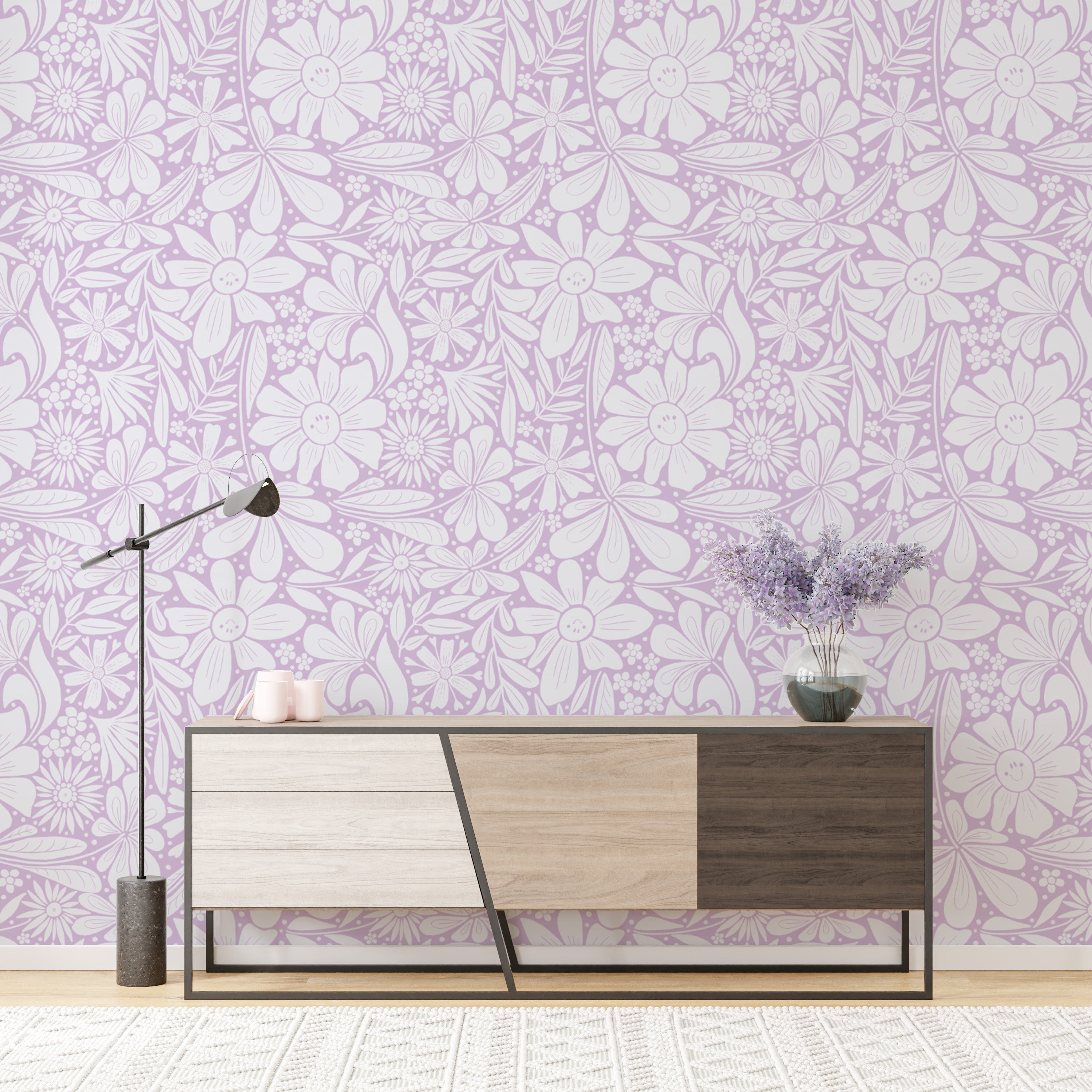 Whimsical wallpaper showcasing happy blooms in lilac
